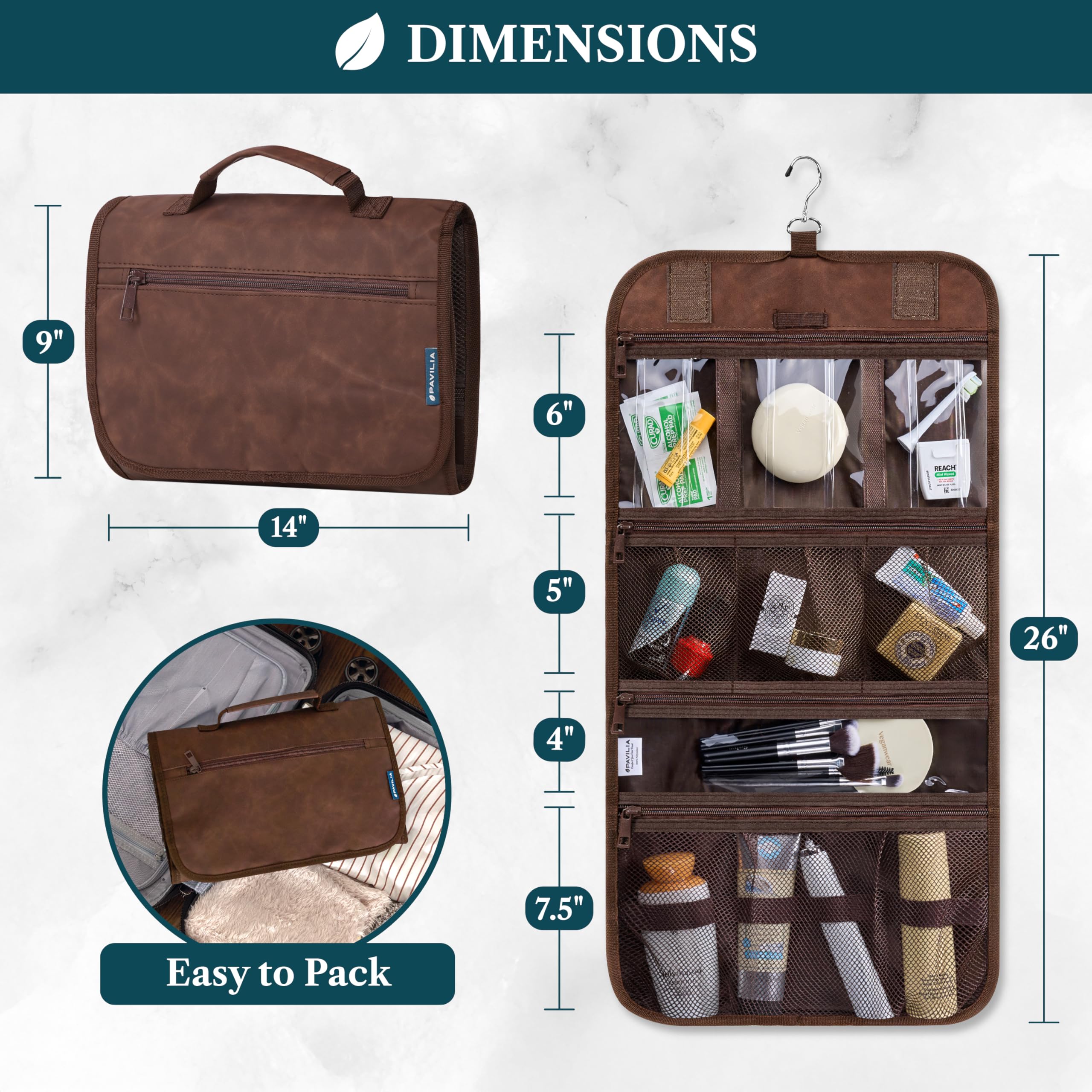 PAVILIA Kulturbeutel zum Aufhängen für Damen und Herren, groß, faltbar, mit Haken, wasserabweisend, Make-up-Kosmetiktasche, transparente Taschen für Badezimmer, Fitnessstudio, Kreuzfahrt, Braun, Large