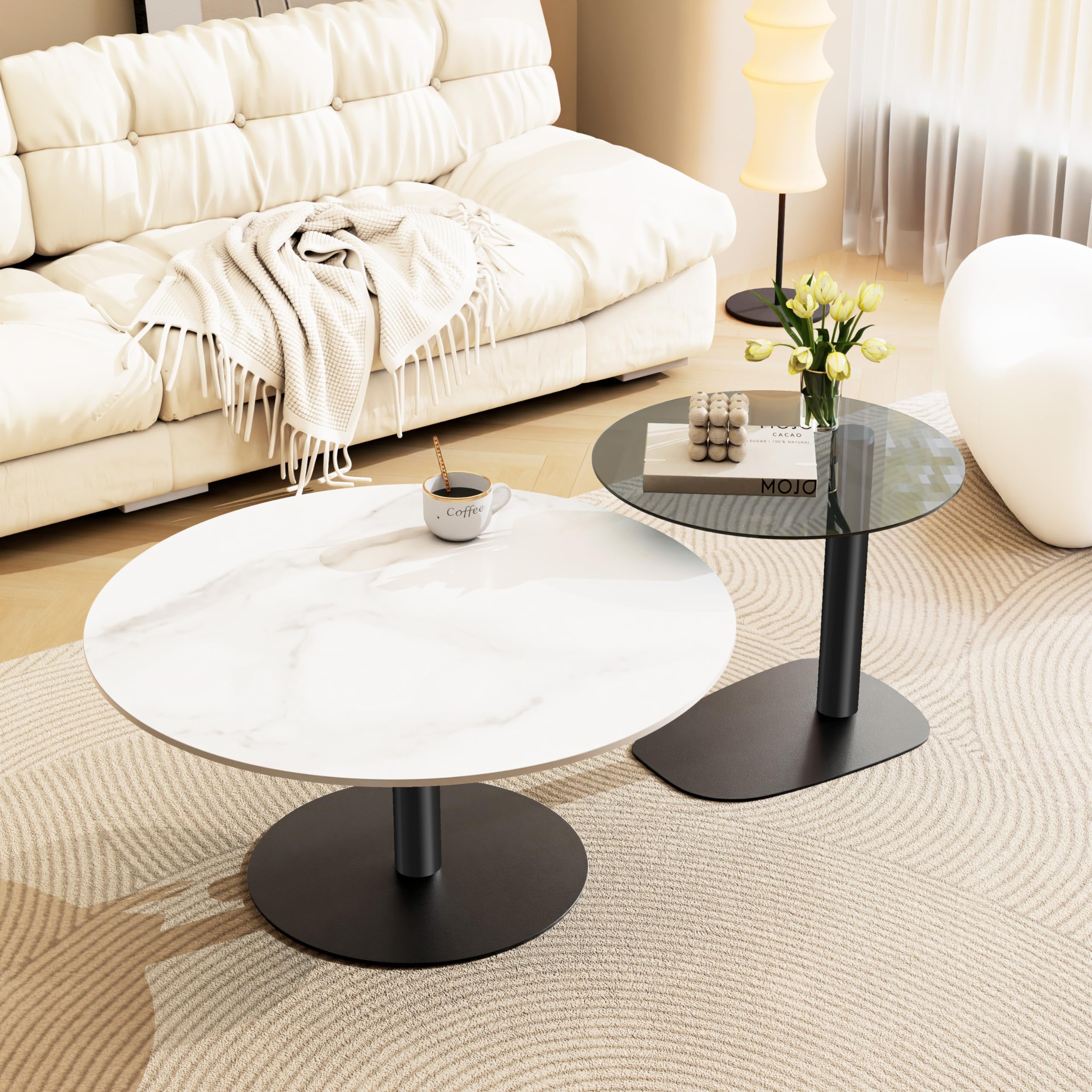 FATIVO Wohnzimmertisch 2er Set Rund, Marmor Couchtisch Satztisch Schwarz Weiß Glas Beistelltisch - Modern Sofatisch für Wohnzimmer - Groß: 80×80×38.5 cm Klein: 50×50×45 cm