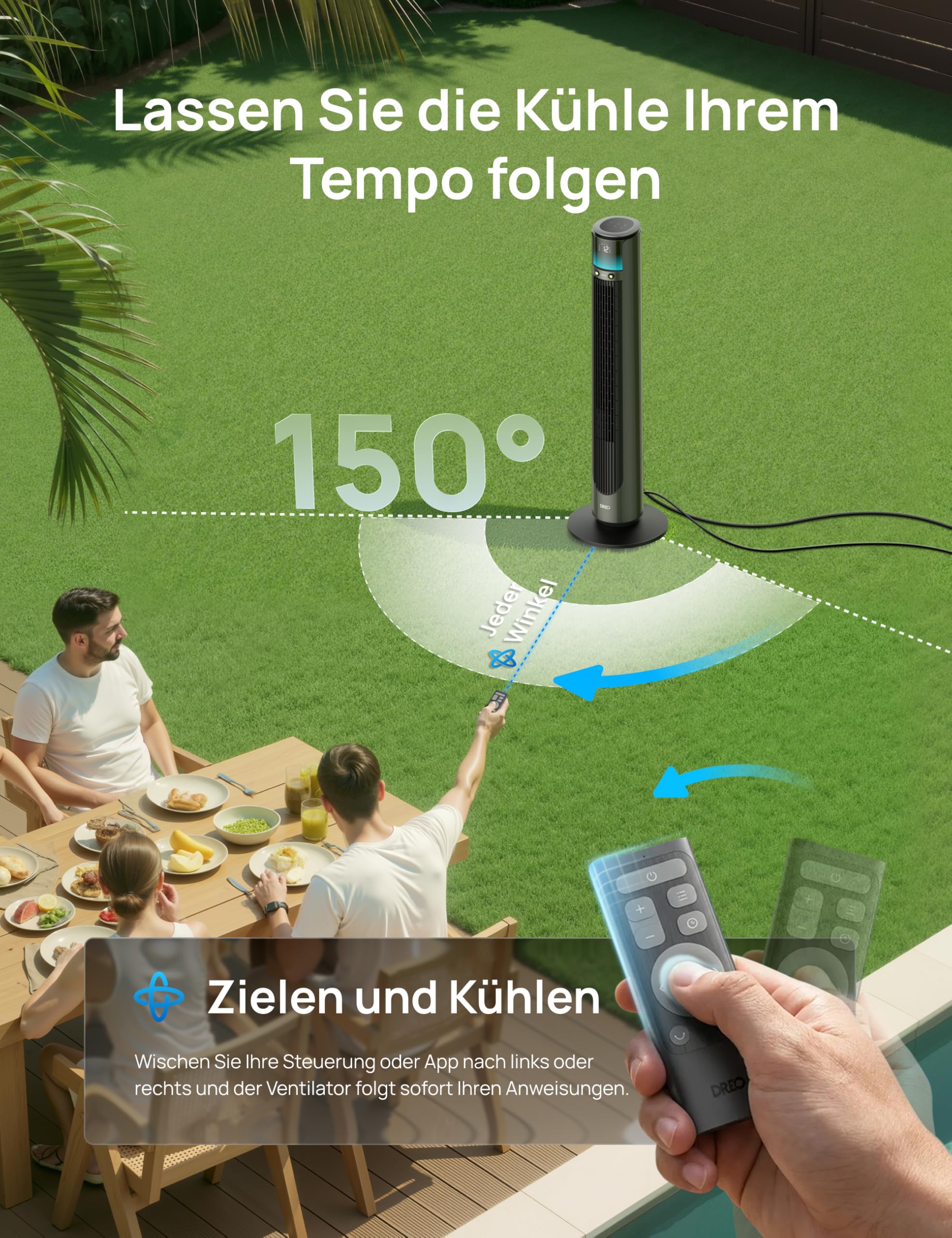 DREO TurboCool Outdoor Nebelventilator 711AS, 10 m/s Leistung, 12 Stufen, 4 Modi, intelligenter Standventilator, 150° Oszillation, 20 dB leise, DC-Motor, wetterfest, für Innen- & Außenbereich