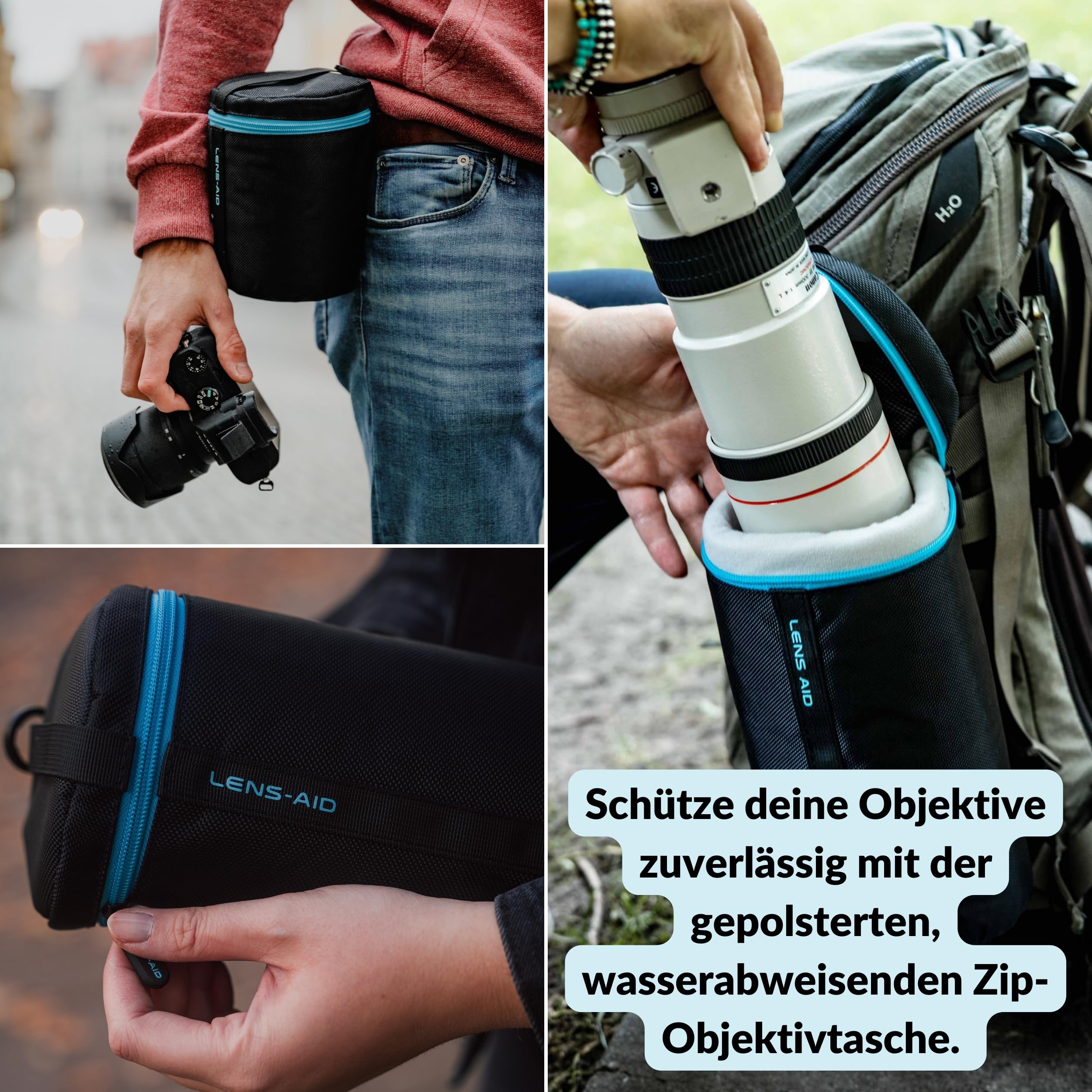 LENS-AID Objektivtasche dick gepolstert: Objektiv-Schutzhülle mit Reißverschluss und Gürtelschnalle