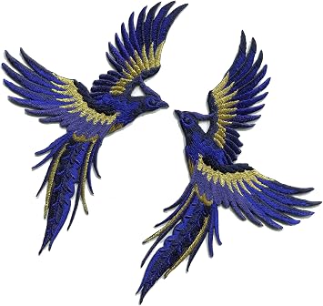 Phoenix phenix birds royal blue navy gold embroidered appliques iron-on patches pair S-1334
