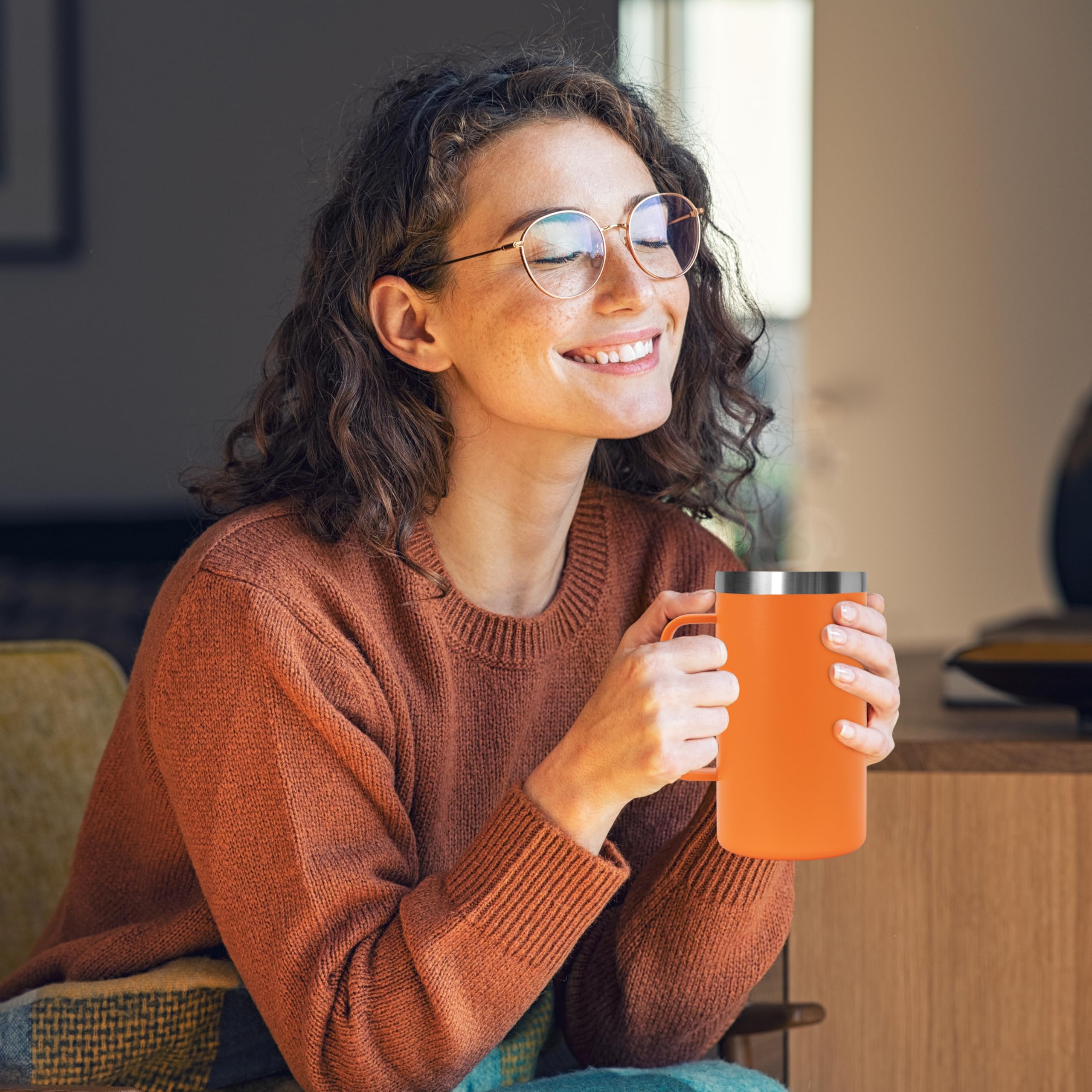 DOMICARE Taza de café de acero inoxidable de 24 onzas con asa y tapa, taza de viaje con asa, vaso de café al vacío de doble pared, taza aislada reutilizable, naranja, paquete de 8
