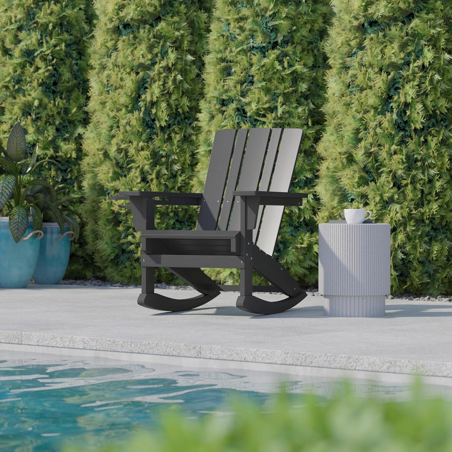 Flash Furniture Halifax Adirondack Rocking Chair with Cup Holder, Weather Resistant Poly Resin Adirondack Rocking Chair, Gray