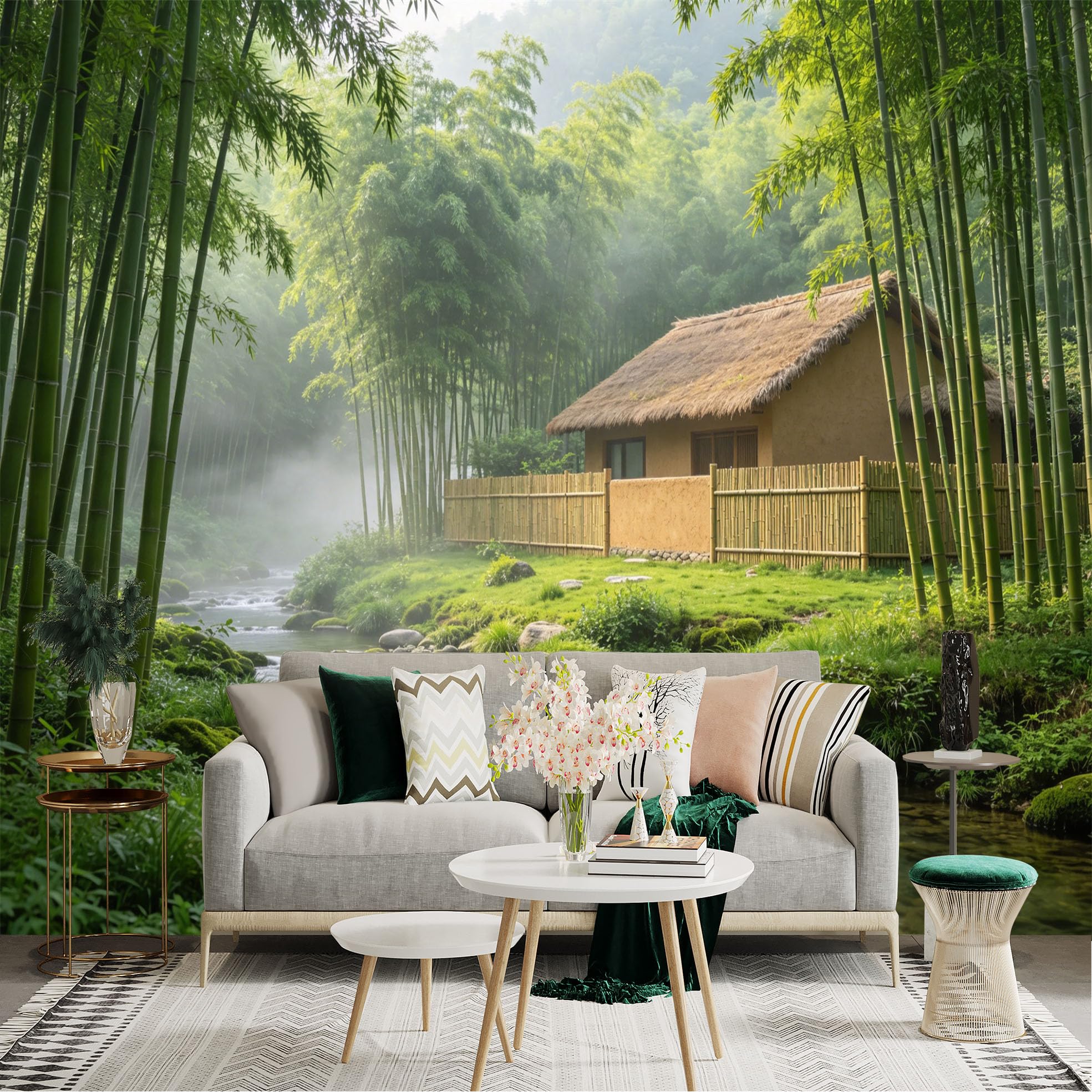 Custom Size Wall Sticker Mural， Bamboo Forest with Stream and Rustic Cottage， for wall Decoration， peelandstick wall Decals.