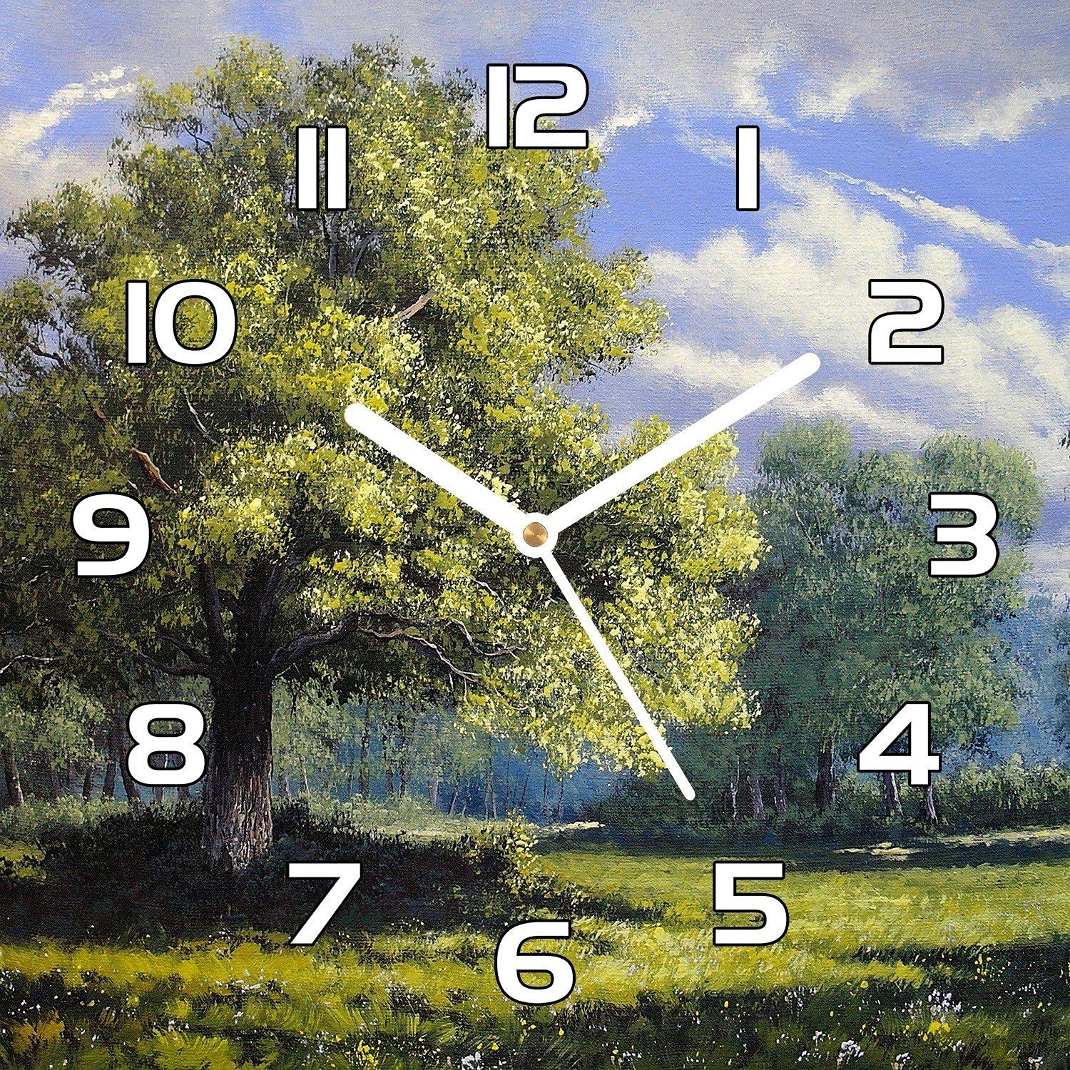 Horloge en verre pour salon et cuisine moderne grand paysage forêt aiguilles blanches