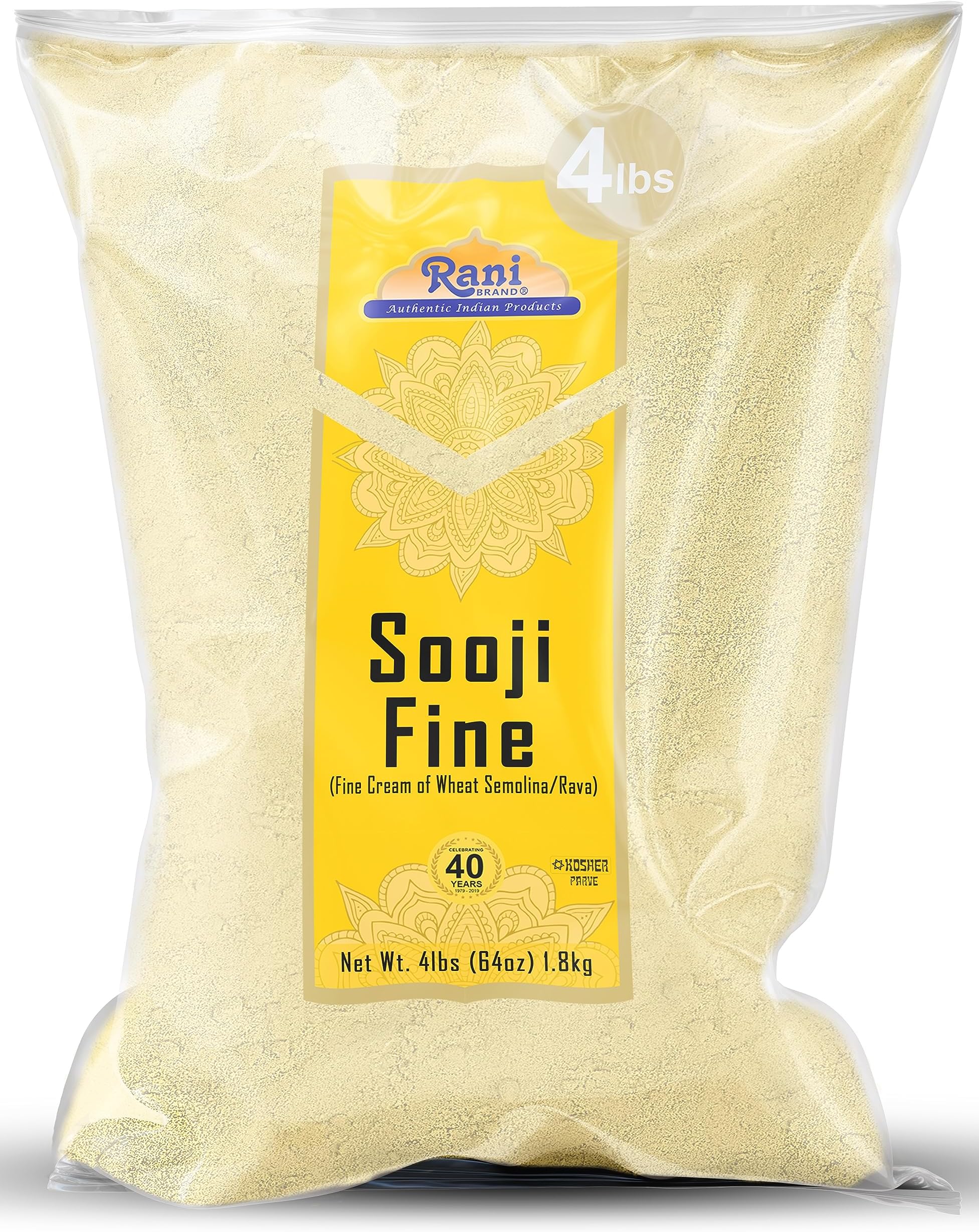 Rani Sooji Fine (Farina, Suji, Rava, Wheat) Flour 64oz (4lbs) 1.81kg Bulk ~ All Natural | Vegan | NON-GMO | Indian Origin