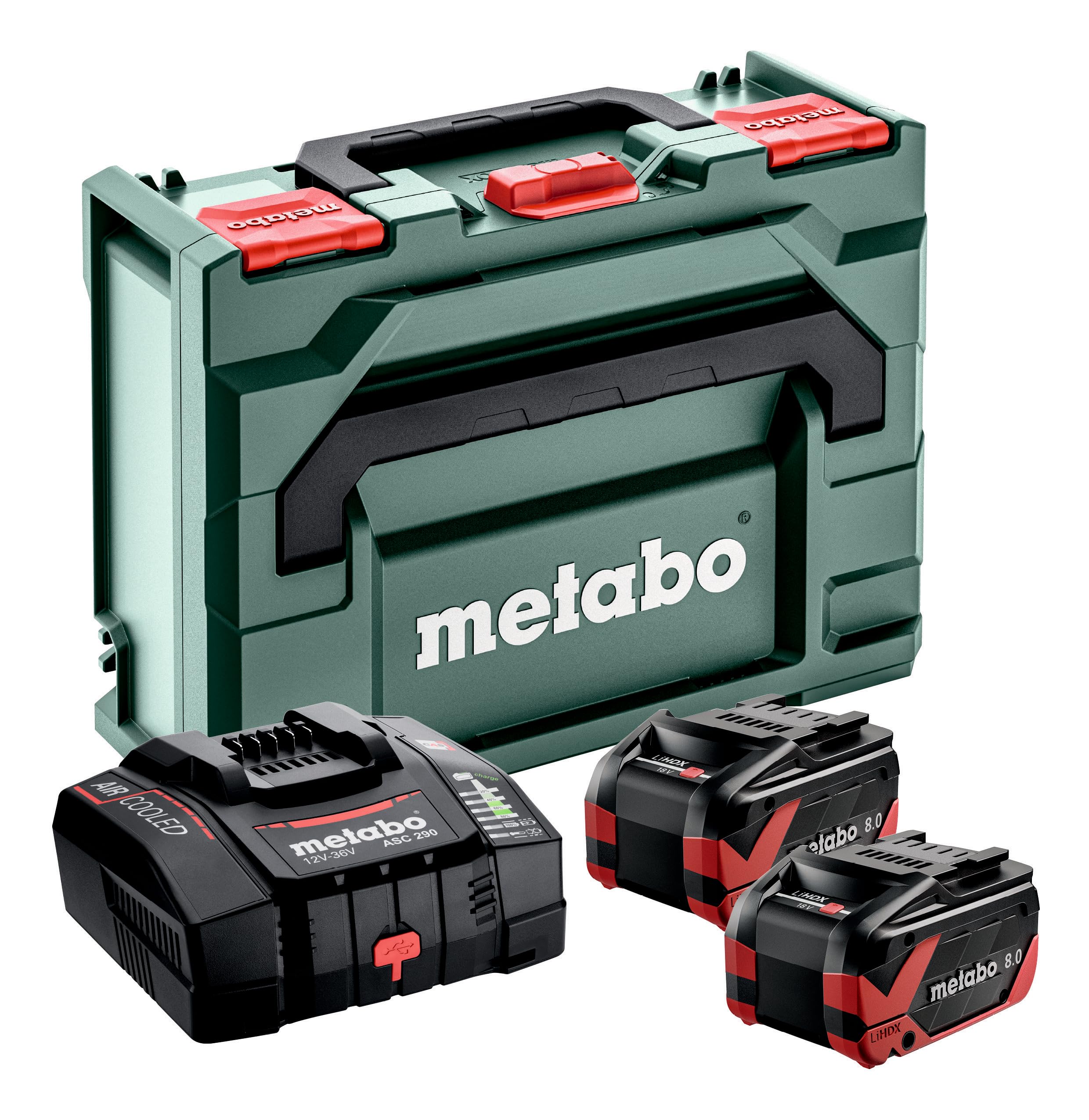 metabo Kit de Base - 2 Batteries LiHDX 8.0Ah Chargeur Rapide ASC 290, metaBOX 145 - Puissant, Durable, Technologie de Batterie 18V - Idéal pour Les Professionnels