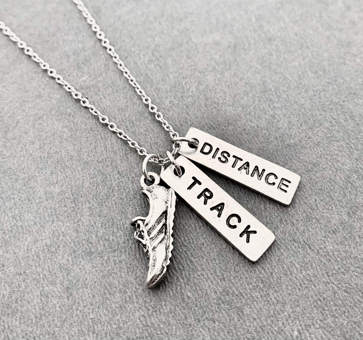 Pewter RUN TRACK DISTANCE Necklace - Pewter Running Shoe Charm, Pewter TRACK Pendant and Pewter DISTANCE Pendant on 18 inch Stainless Steel Cable Chain - All Pewter - Image 3