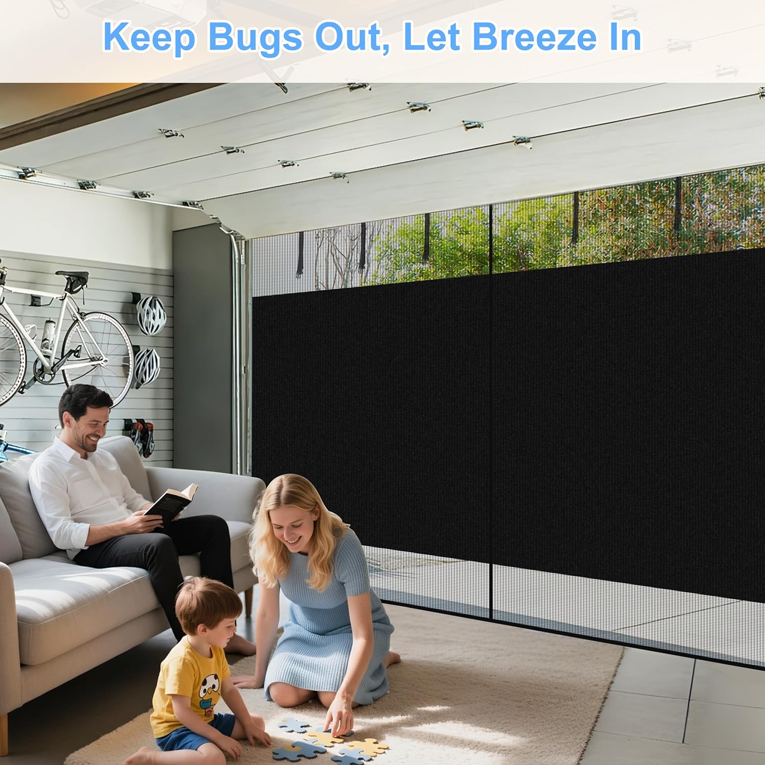 HBlife Privacy Garage Door Screen Blackout for 2 Car Garage, 16x7FT Heavy Duty Magnetic Garage Screen Door Mesh, Hands Free Retractable Garage Net Screen with 6 Roll Up Starps and 26 Magnets, Black