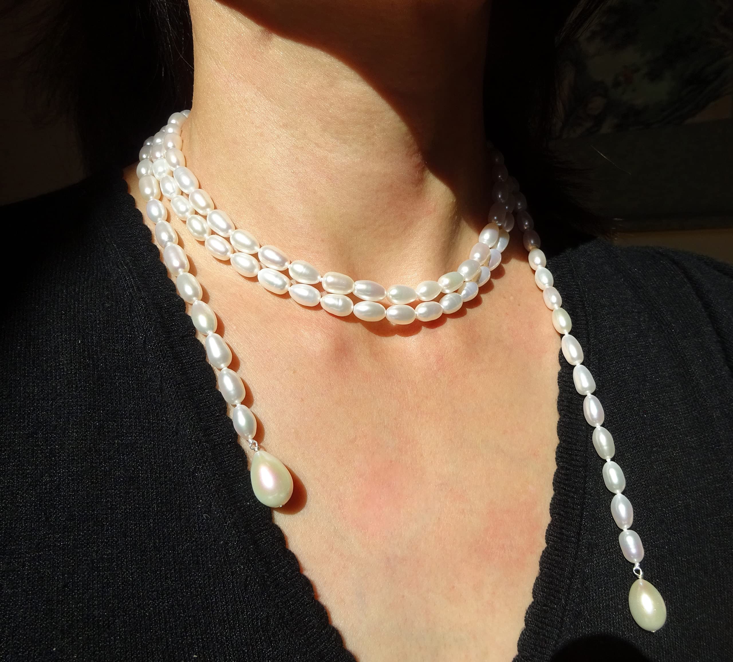 Sautoir perles de culture, collier écharpe Longueur 129Cm, perle d'eau douce de culture, perle forme allongée, couleur blanche