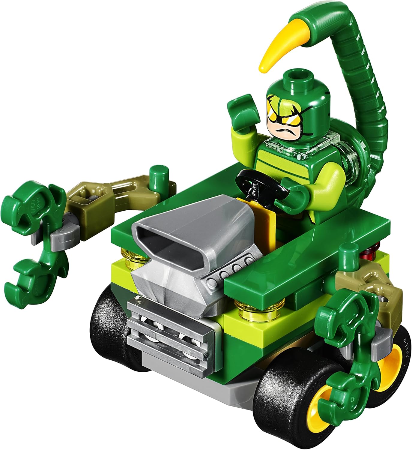 Scorpion minifigure driving his green Mighty Micros car with pincers and tail.