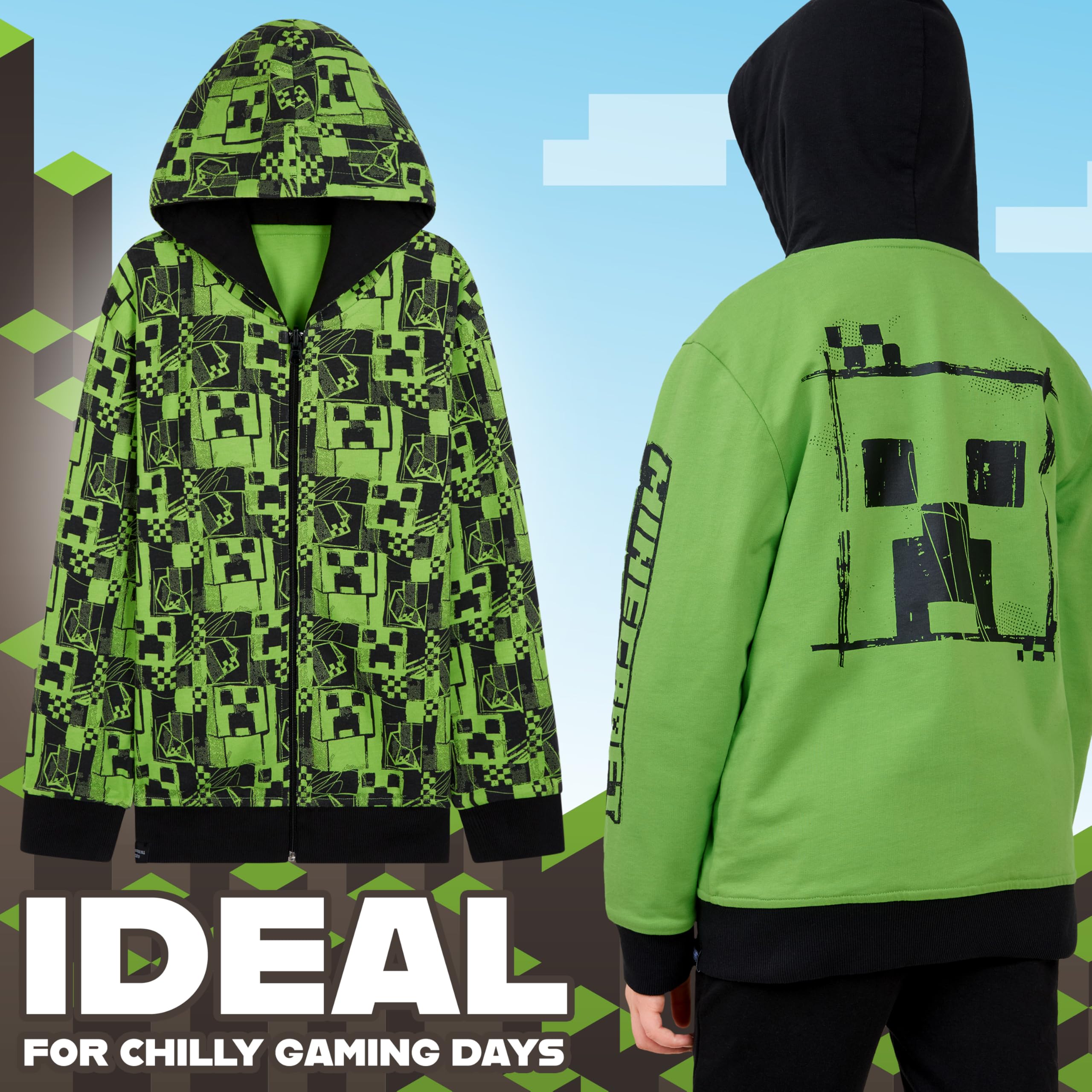 Minecraft Sudaderas con Capucha para Niños Sudadera Niño Reversible con Cremallera Ropa Niño Adolescente Gamer 5-14 Años