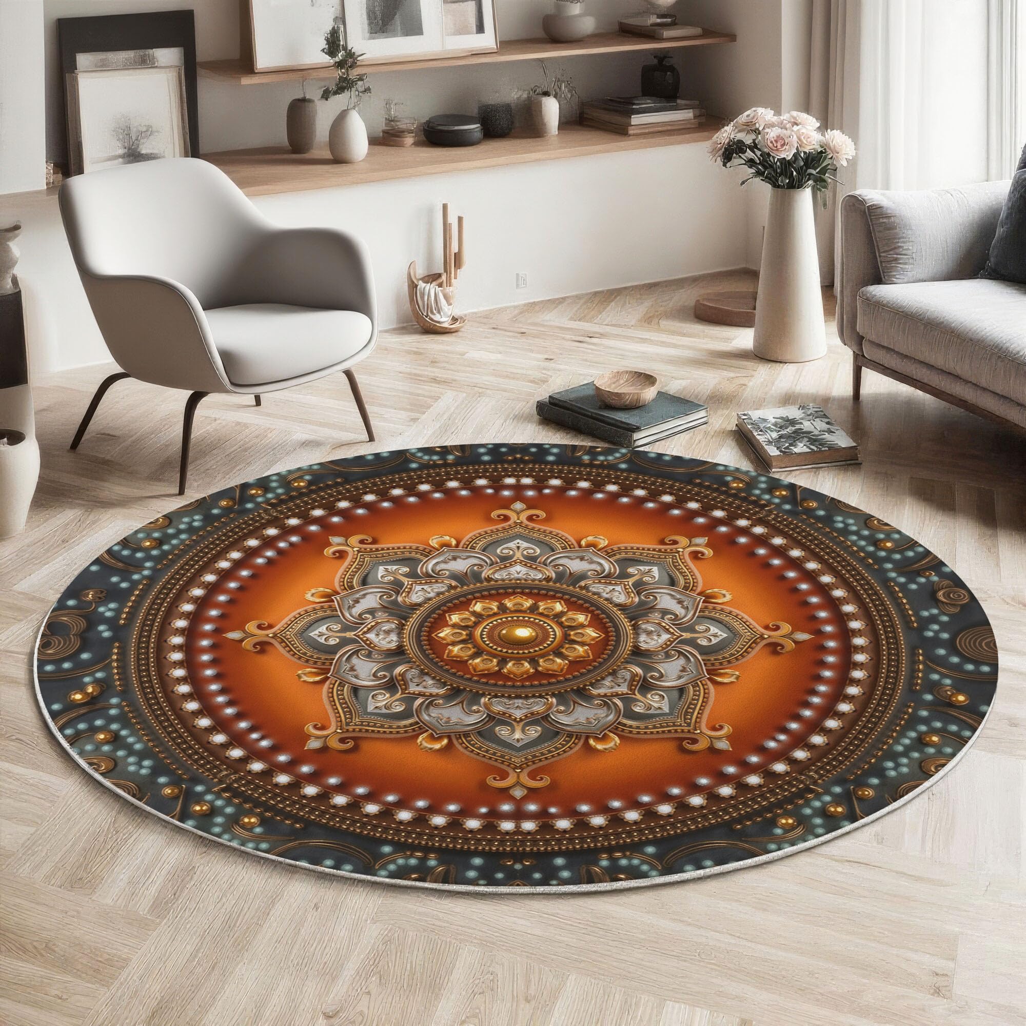 Tapis rond 80cm lavable en machine orange brûlé de culture religieuse Datura pour salon