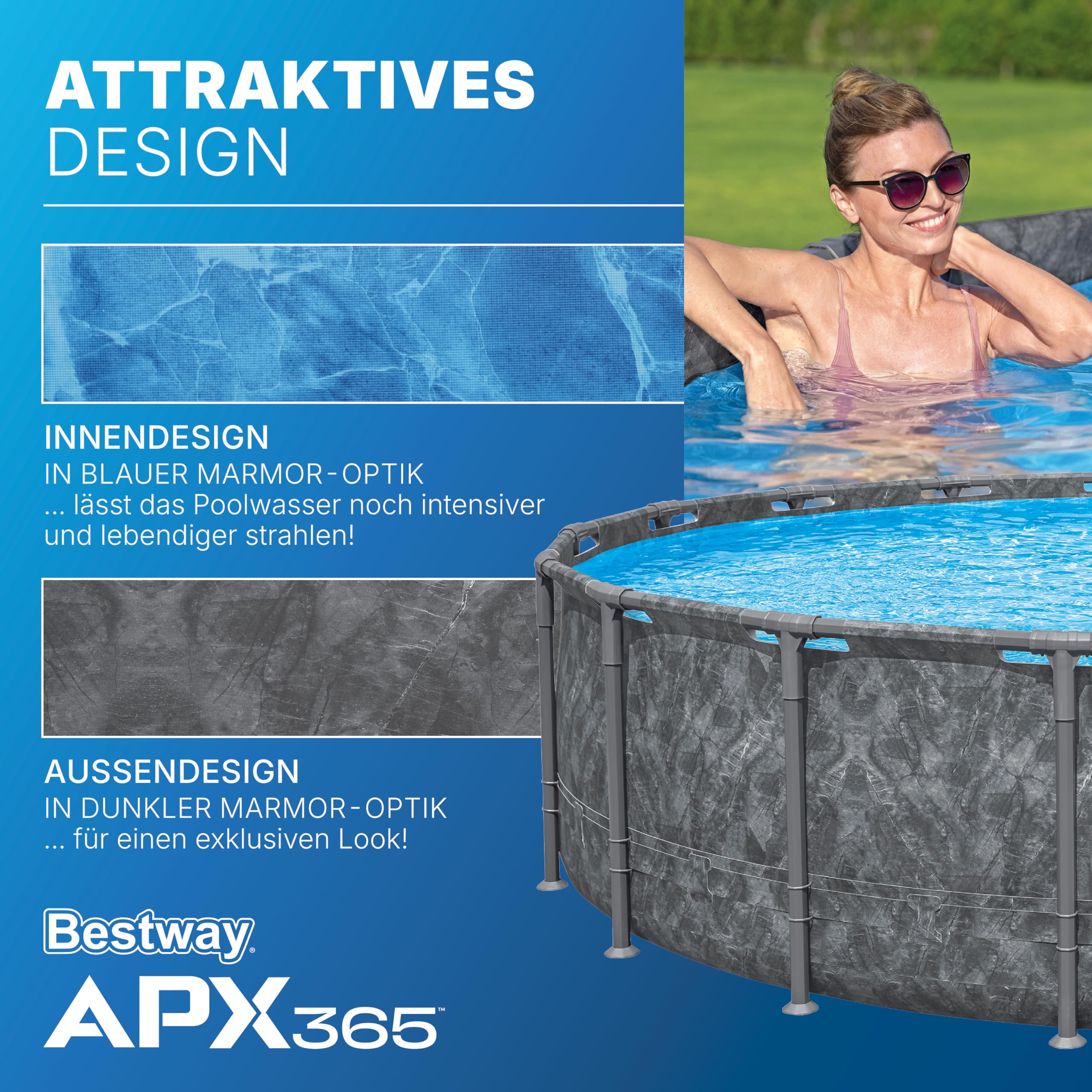 Bestway APX365 Winterfestes Frame Pool Set, Ø 549 x 132 cm, 26.000 L, Sandfilteranlage, Marmor-Optik, Ganzjahresschutz, Kein Abbau nötig, Werkzeugloser Aufbau, Sicherheitsleiter, Abdeckplane