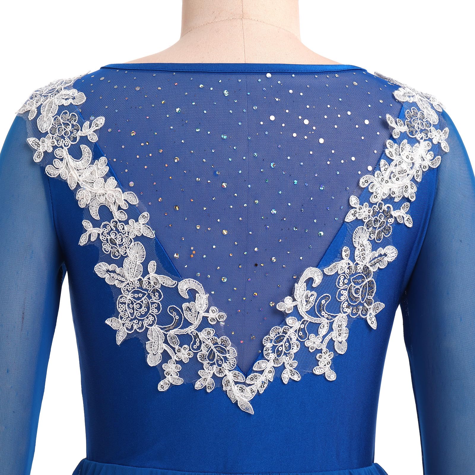 Odasod Eiskunstlaufkleid für Damen, Strass-Stickerei, Netzstoff, langärmelig, Gymnastikanzug, Wettkampf, Übung