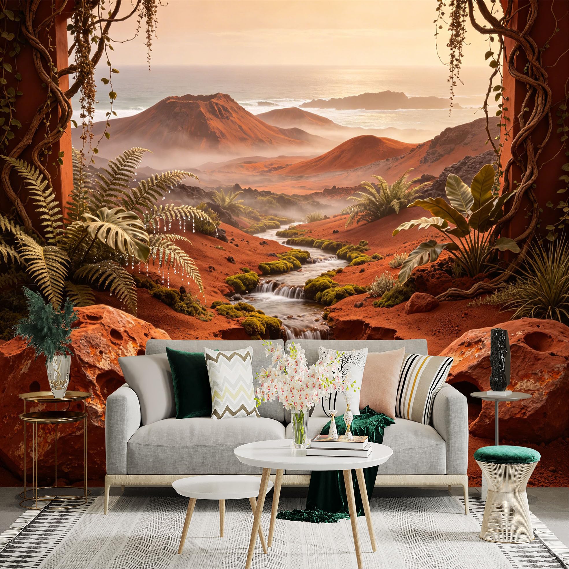 Custom Size Wall Sticker Mural， Red Desert Landscape with River， Ferns and Ocean Horizon， for wall Decoration， peelandstick wall Decals.