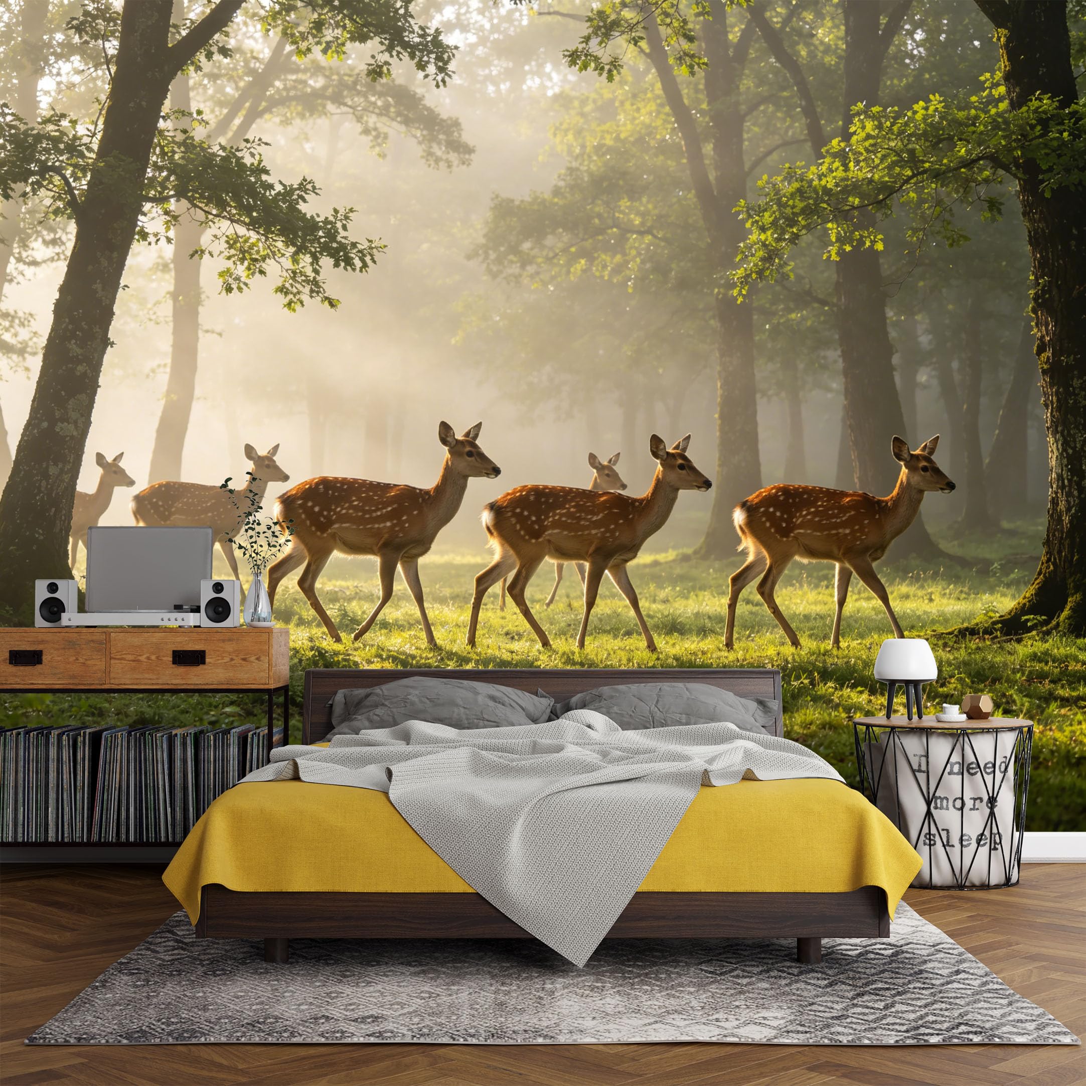 Custom Size Wall Mural， Forest Deer Morning Light Misty Woodland Landscape，SelfAdhesive Art Prints wall Fabric (No PVC) Removable Wallpaper Living Room Decor