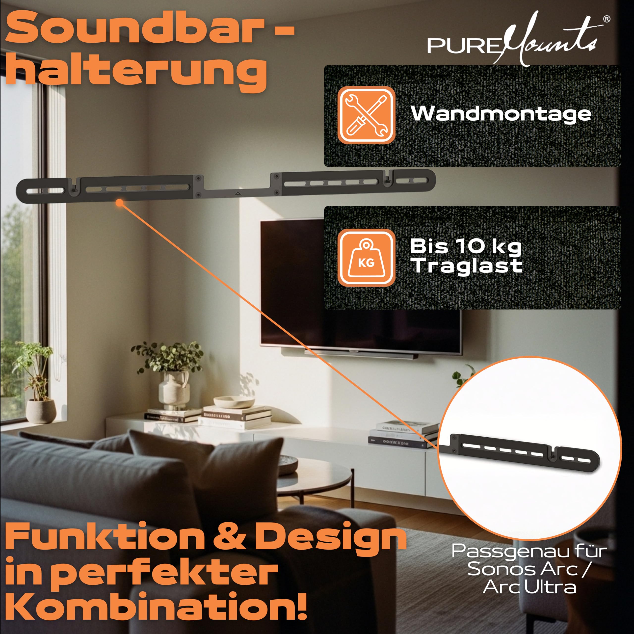 PureMounts® Supporto per altoparlanti per montaggio a parete, compatibile con Sonos Arc/Arc Ultra, capacità di carico: 10 kg, nero