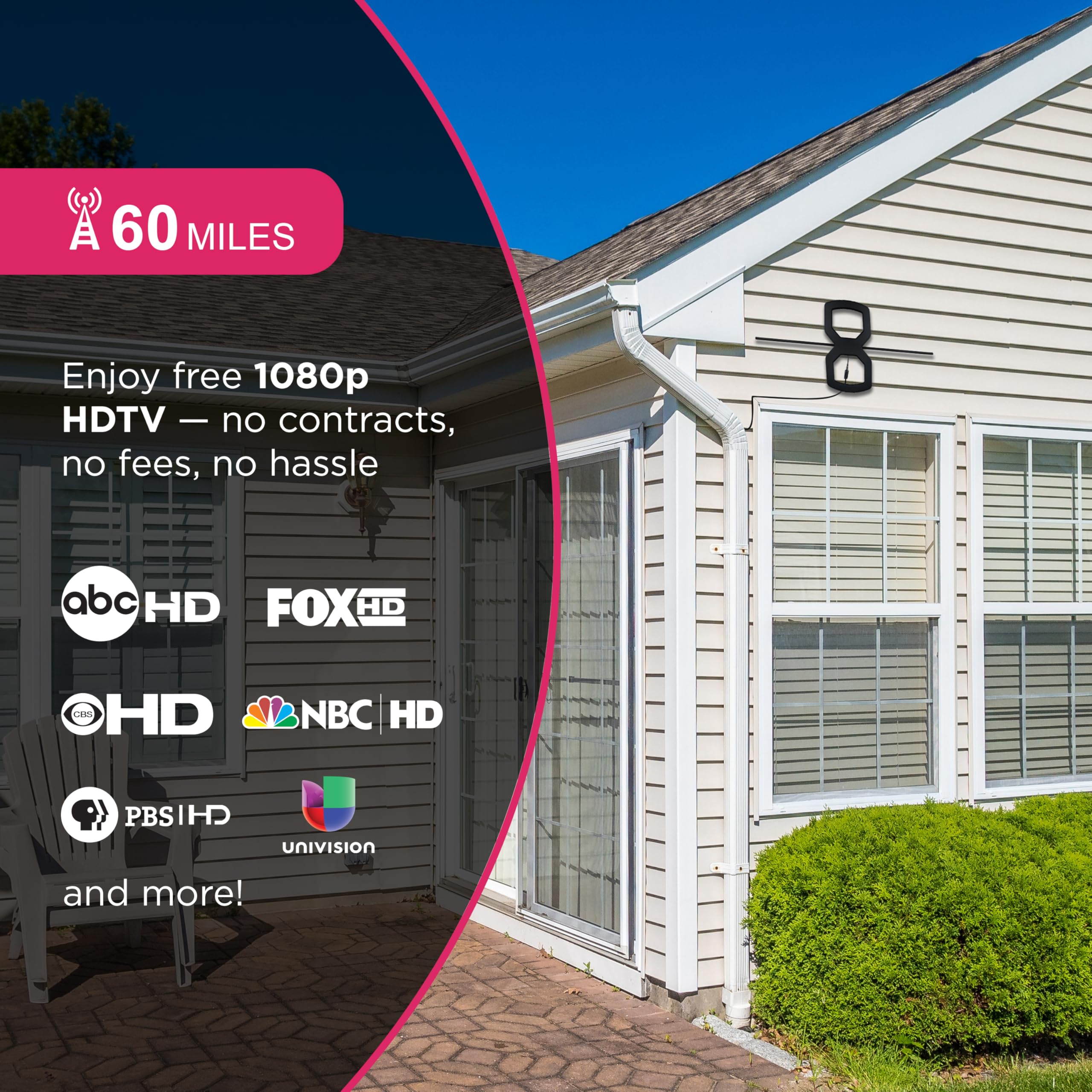 GE UltraPro OptimaMax - Antena HD para Exteriores, Rango de 60 Millas, 4K/8K Ultra HD, Listo para TV NEXTGEN, Resistente a la Intemperie, Montaje en ático o Exterior, Canales Locales gratuitos, 81839