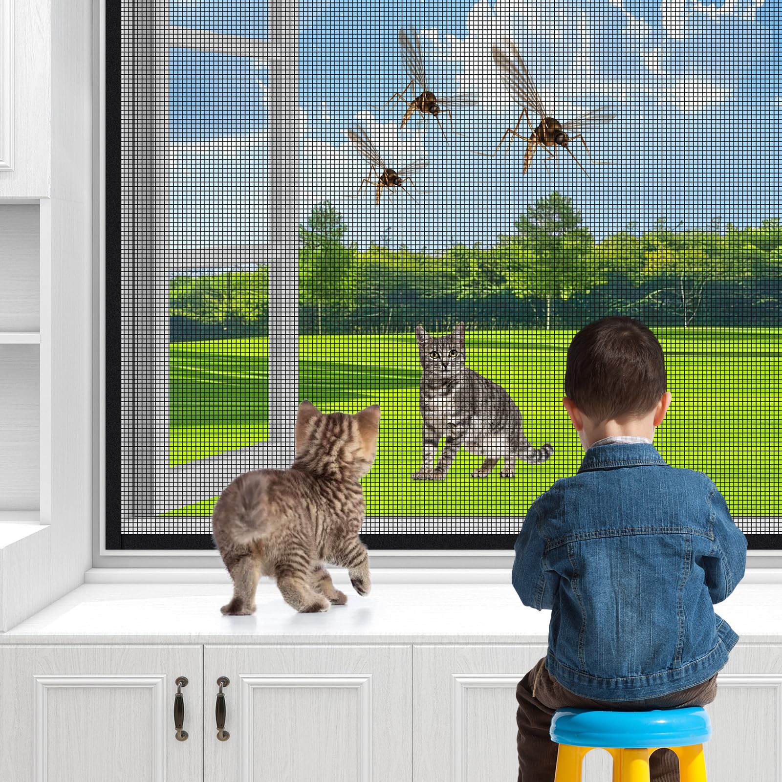 MYPIN Einstellbare Katzenschutz Fenster Netz Mit Selbstklebeband, DIY Größe, Katzennetz Balkon Fenster Transparent Netzgitter, Fliegengitter, Max. 130x150 cm, mit Lineal/Messer/Hefter (Schwarz)