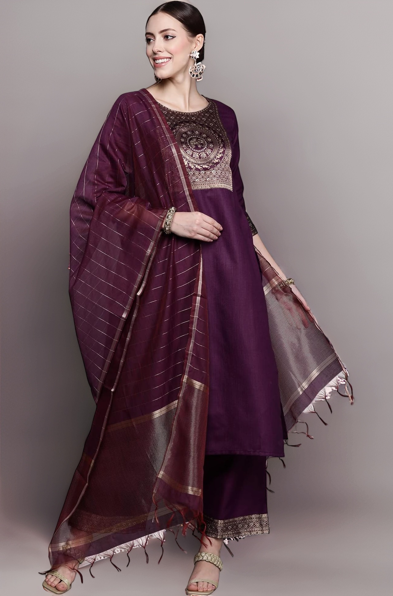 INDO ERA Women's Cotton Yoke Design Straight Kurta Pant with Dupatta Set