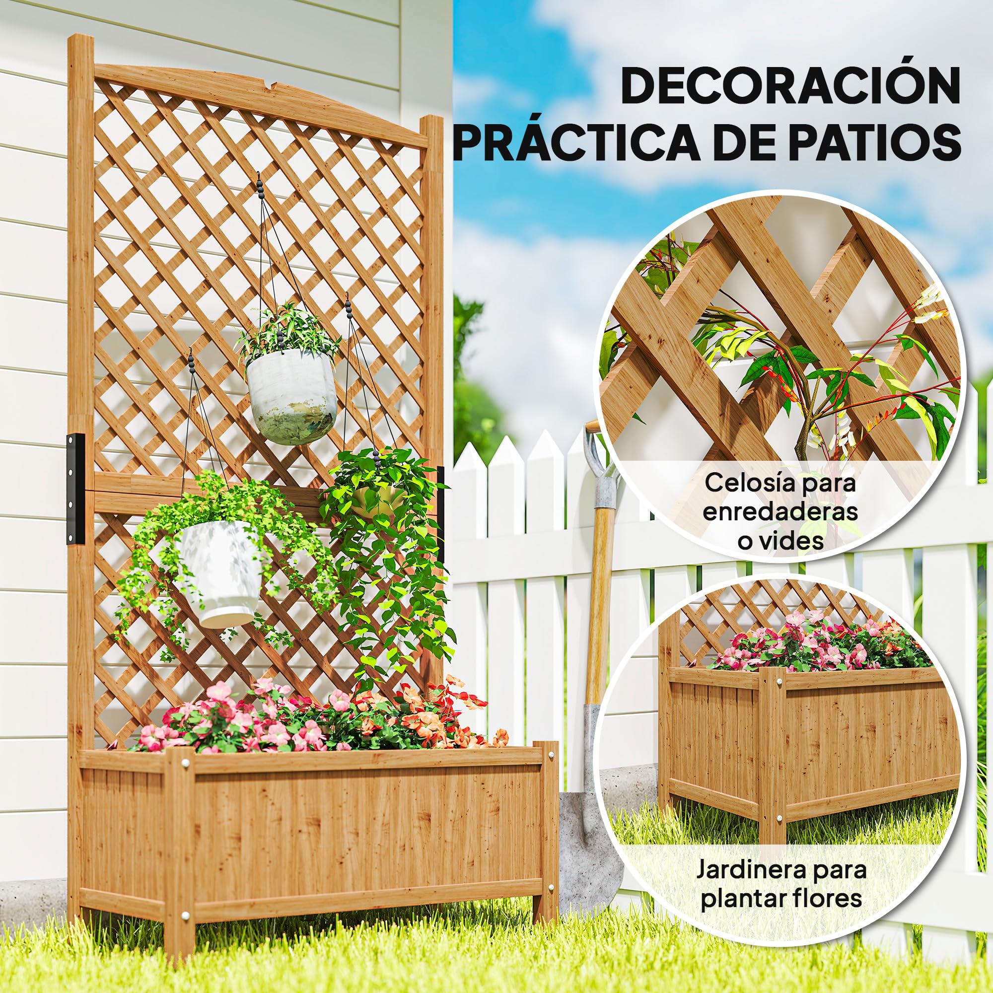 Outsunny Arriate de Jardín con Enrejado Jardinera con Celosía Macetero con Soporte para Trepadora Cultivos Plantas Flores para Exterior Patio Terraza Balcón 90x45x180 cm Natural