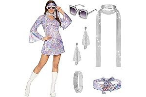 70s Disco Dress Womens, Complete Vintage Outfits with Accessories and Jewelry Set