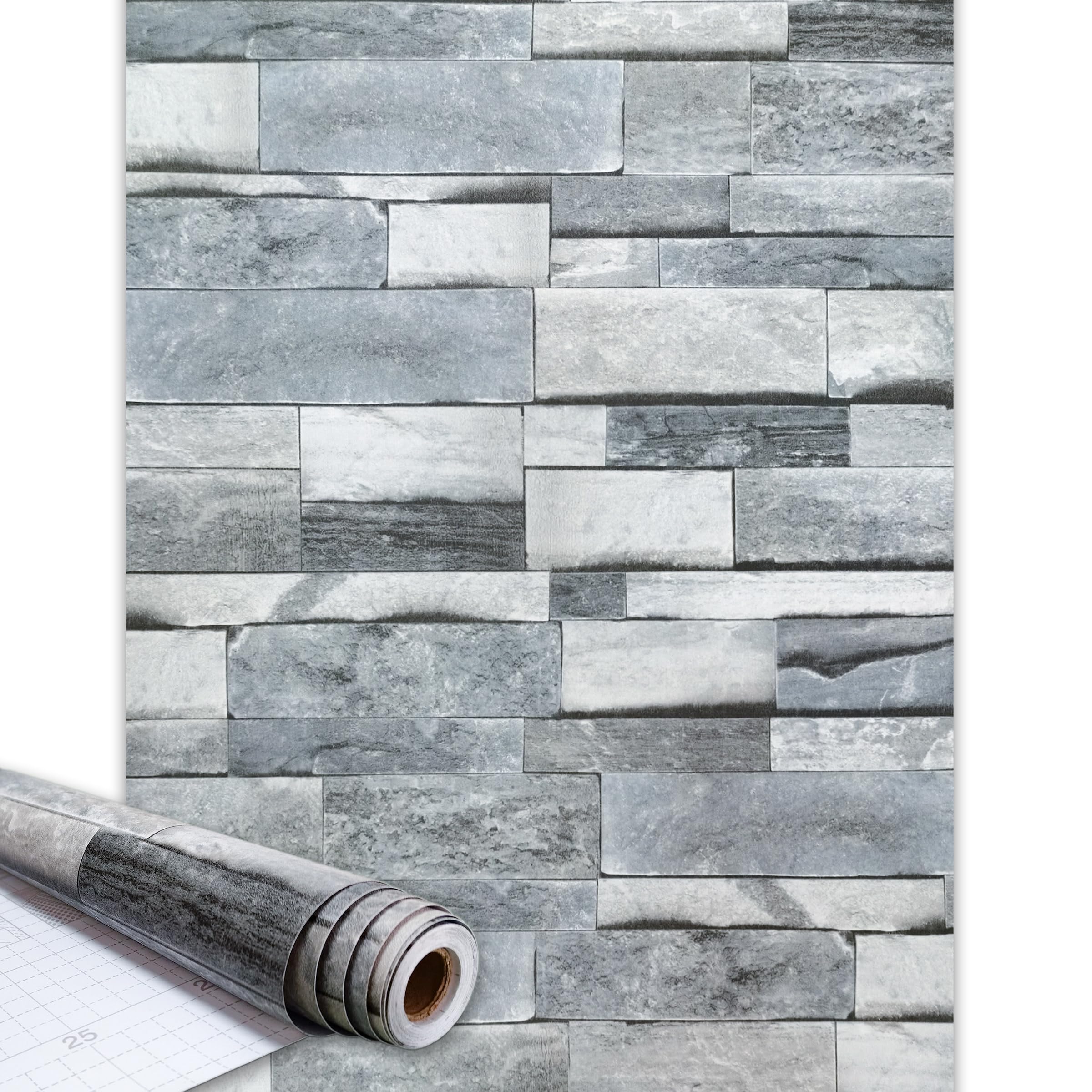 Qenlup Brick Wallpaper Vintage Grey Self Adhesive Wall Paper Stick On Thick Contact Papers for Living Room Bathroom Bedroom Kitchen, Dark Grey, 44.5x600cm
