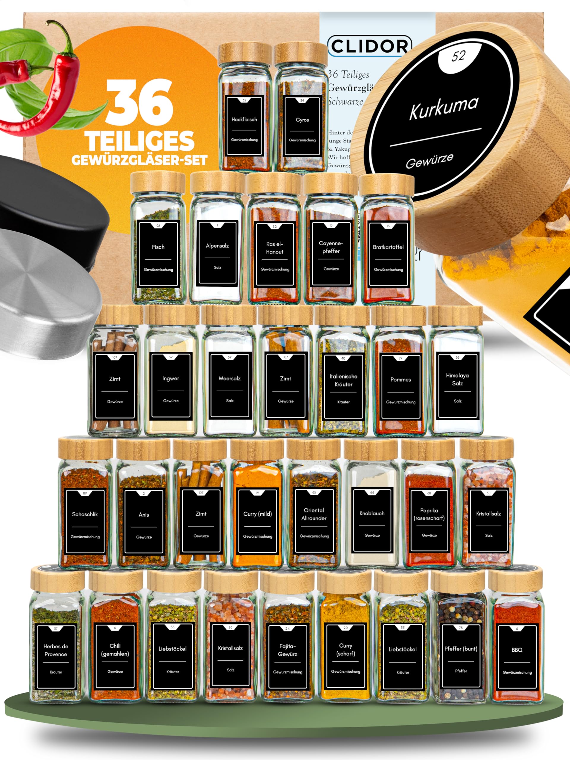 CLIDOR Gewürzgläser eckig [36 x 125ml], Luftdichte Gewürzgläser mit Streueinsatz + 248 wasserfeste Gewürzetiketten, Gewürz Organizer & Gewürzdosen, Gewürzstreuer zum Nachfüllen, Deckel aus Bambus