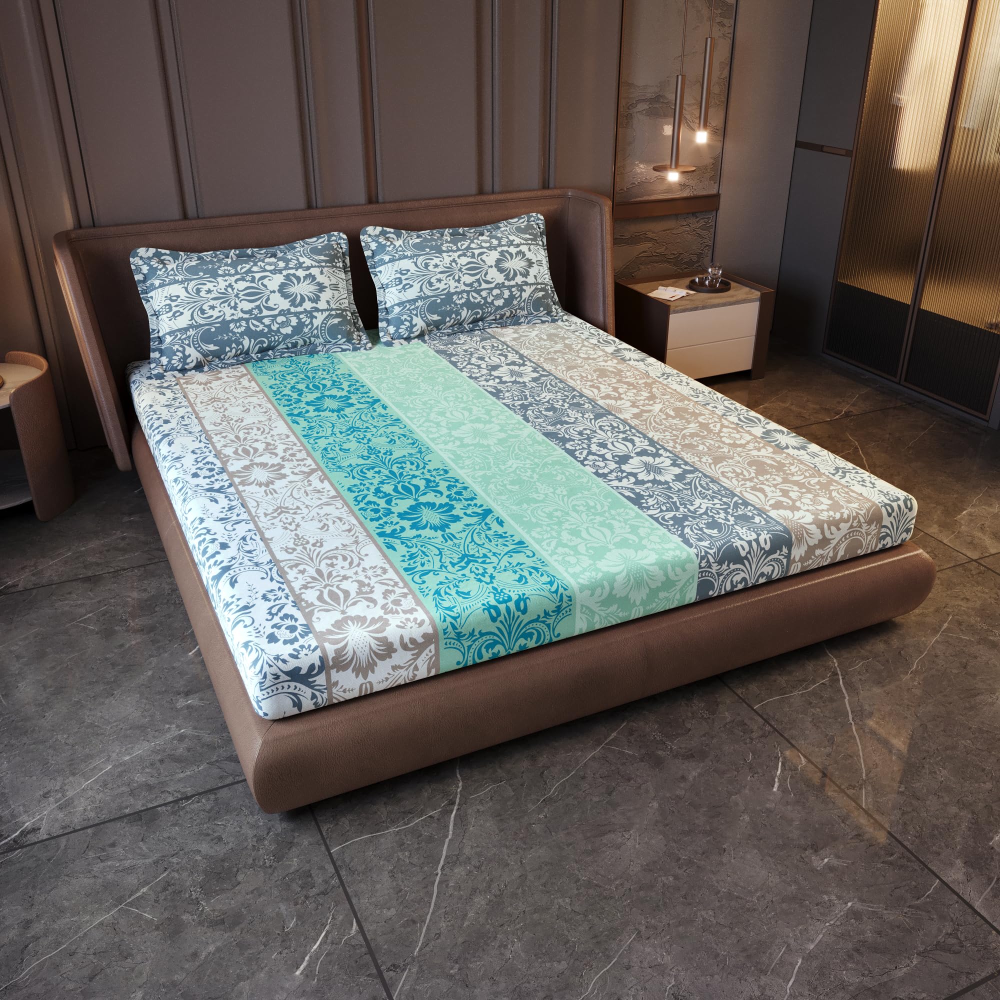Divine Casa Premium 144 TC Cotton King Size Bedsheet with 2 Pillow Covers | Soft Breathable Bed Sheet for King Size Bed | Printed Bedding Set for Bedroom | 270 x 270 cm (Grey & Blue, Floral)
