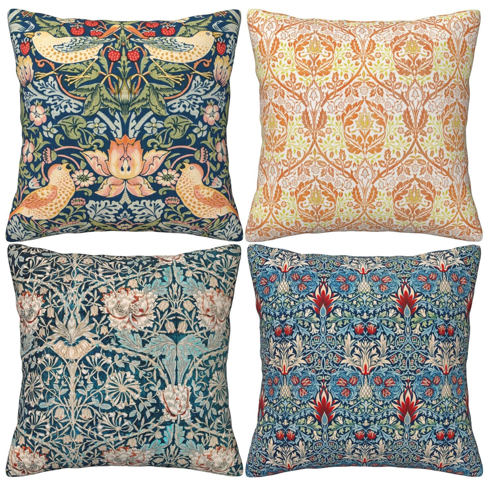 HOSTECCO Vintage Floral Cushion Covers 45x45 cm Pack of 4 William Morris CC0 Designs Art Pillow Covers Farmhouse Decorative Pillow Cases for Sofa Couch Bed