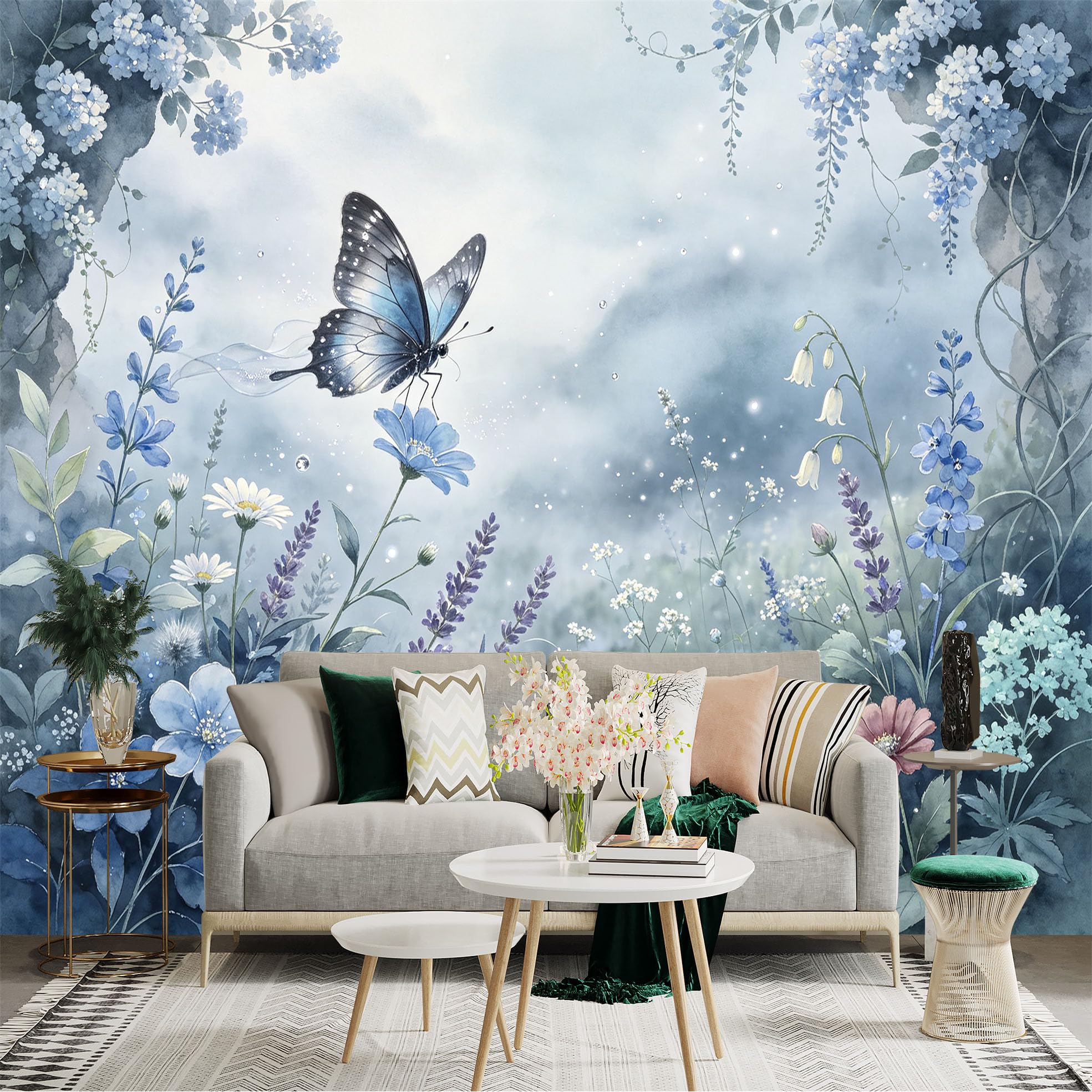 Lnzczhyre Bh260719392 Custom Size Wall Sticker Mural， Blue Butterfly， Watercolor Spring Garden， Blooming Wildflowers， Serene Botanical Landscape， For Wall Decoration， Peelandstick Wall Decals.