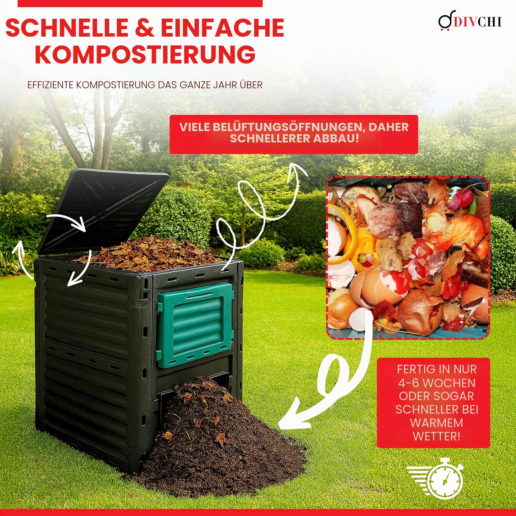 DIVCHI 300L Gartenkomposteimer - Kompostierbehälter für den Außenbereich für Küche & Gartenabfälle - umweltfreundlich, langlebig & wasserdicht, UV-geschützt, BPA-freier Kunststoff (Schwarzgrün)