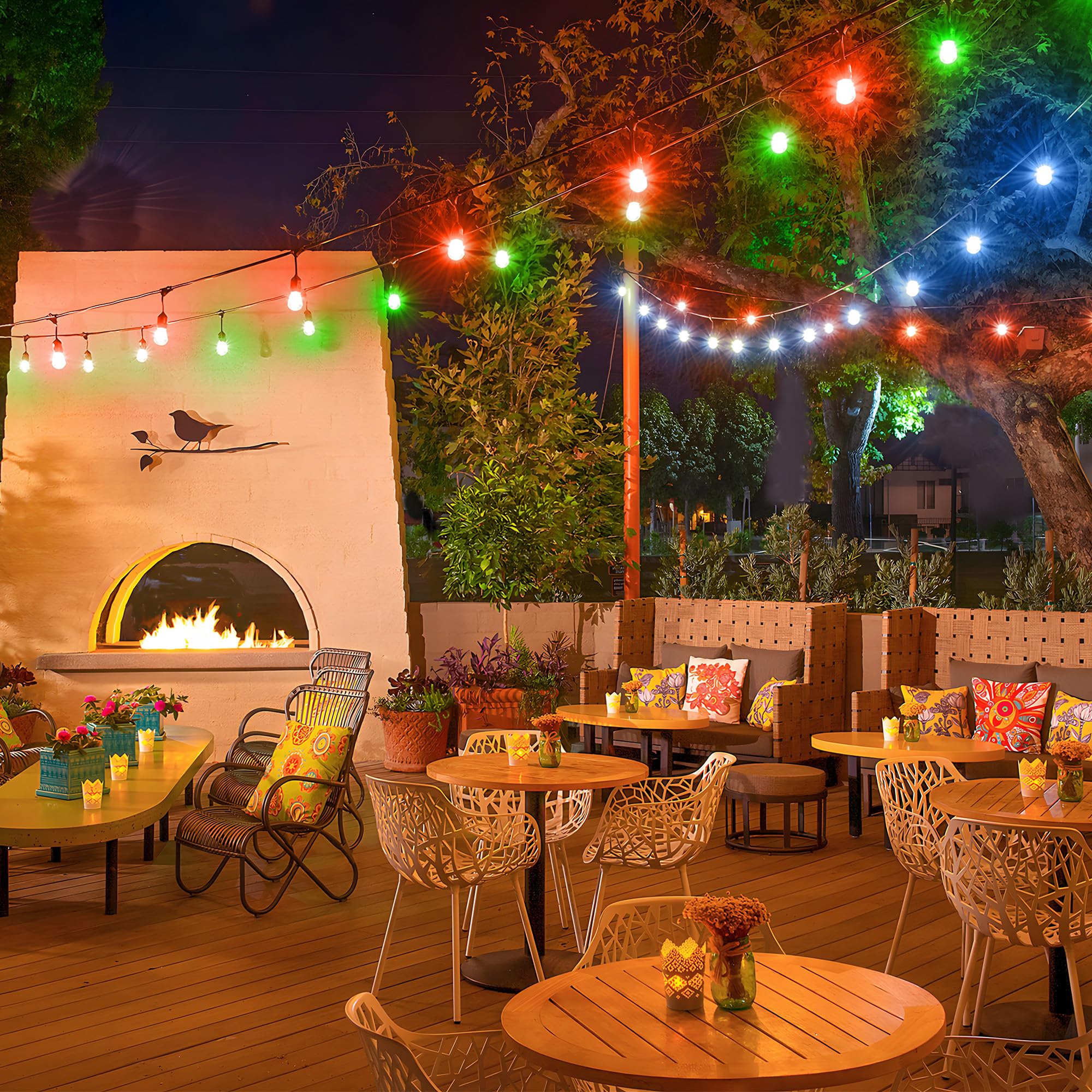 Larkvue Guirnalda de luces solares RGB para exteriores de 50 pies con control remoto, luces de patio impermeables regulables con 15 bombillas LED inastillables Edison para patio trasero, color negro
