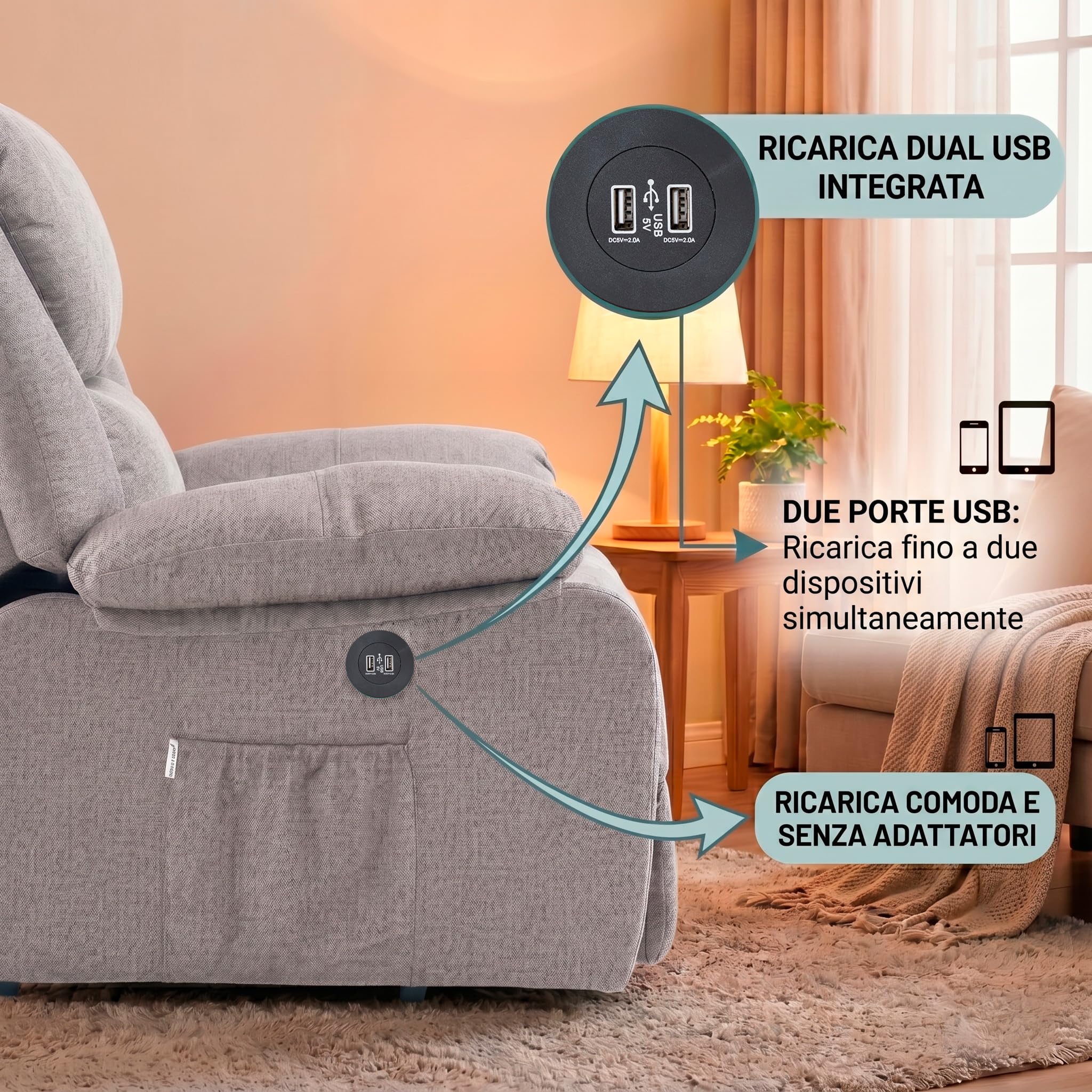 ECODE Poltrona Relax Alzapersona Elettrica Massaggiante, Reclinabile e Riscaldante con Poggiapiedi – Offerta Poltrona-Letto Per Anziani da Interno, Soggiorno o Salotto con Vibro Motori (Grigio)