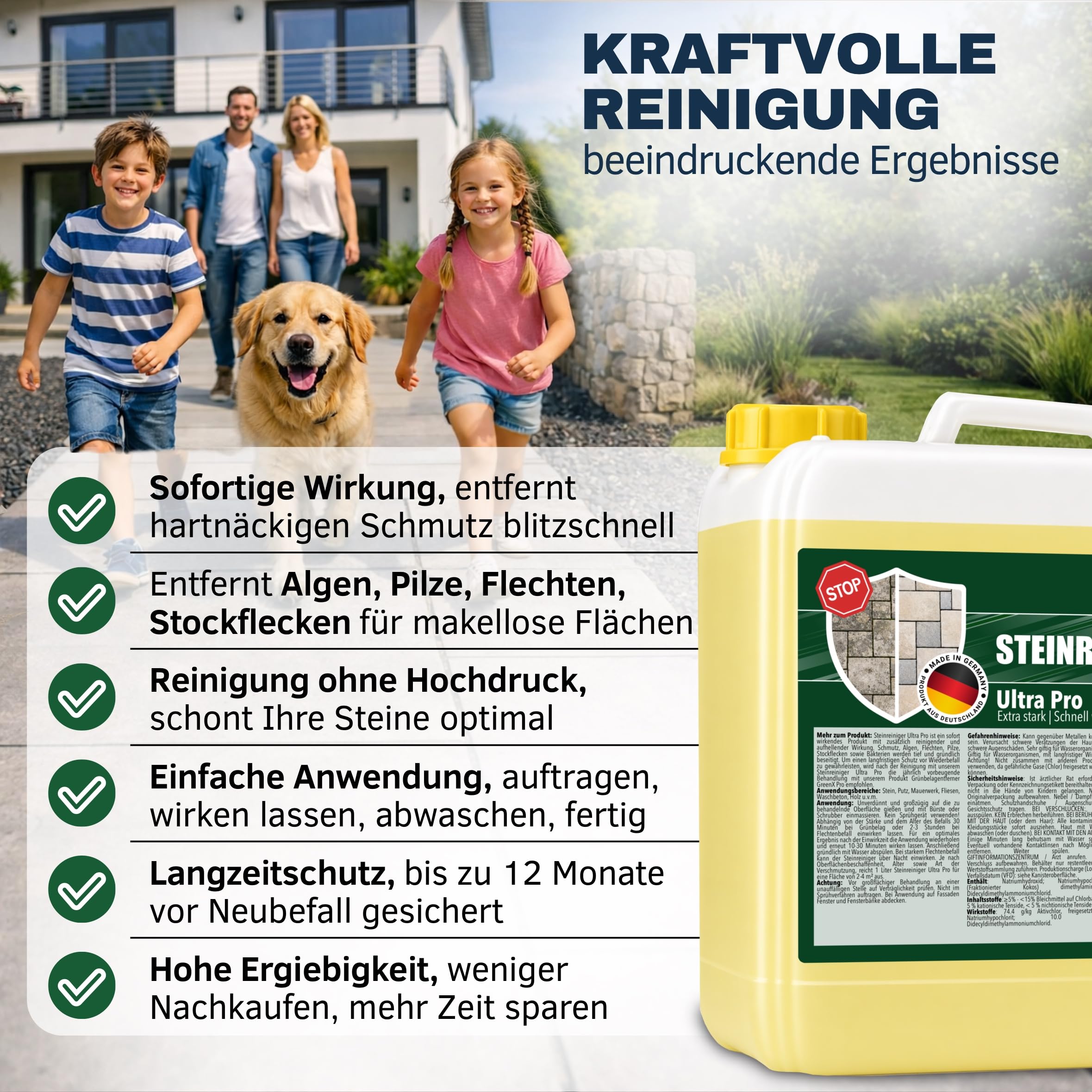 Steinreiniger Ultra Pro, intensiver Steinreiniger mit Sofortwirkung für außen, entfernt Schmutz, Grünbelag, Algen, Pilze und Flechten, Terrassenreiniger, Pflastersteine. (5 Liter Kanister)