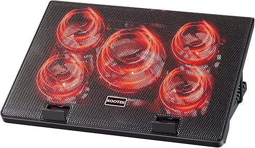 Kootek Almohadilla de refrigeración para laptop de 12 a 17 pulgadas, 5 ventiladores silenciosos, luces LED y 2 puertos USB 2.0, soportes ajustables,