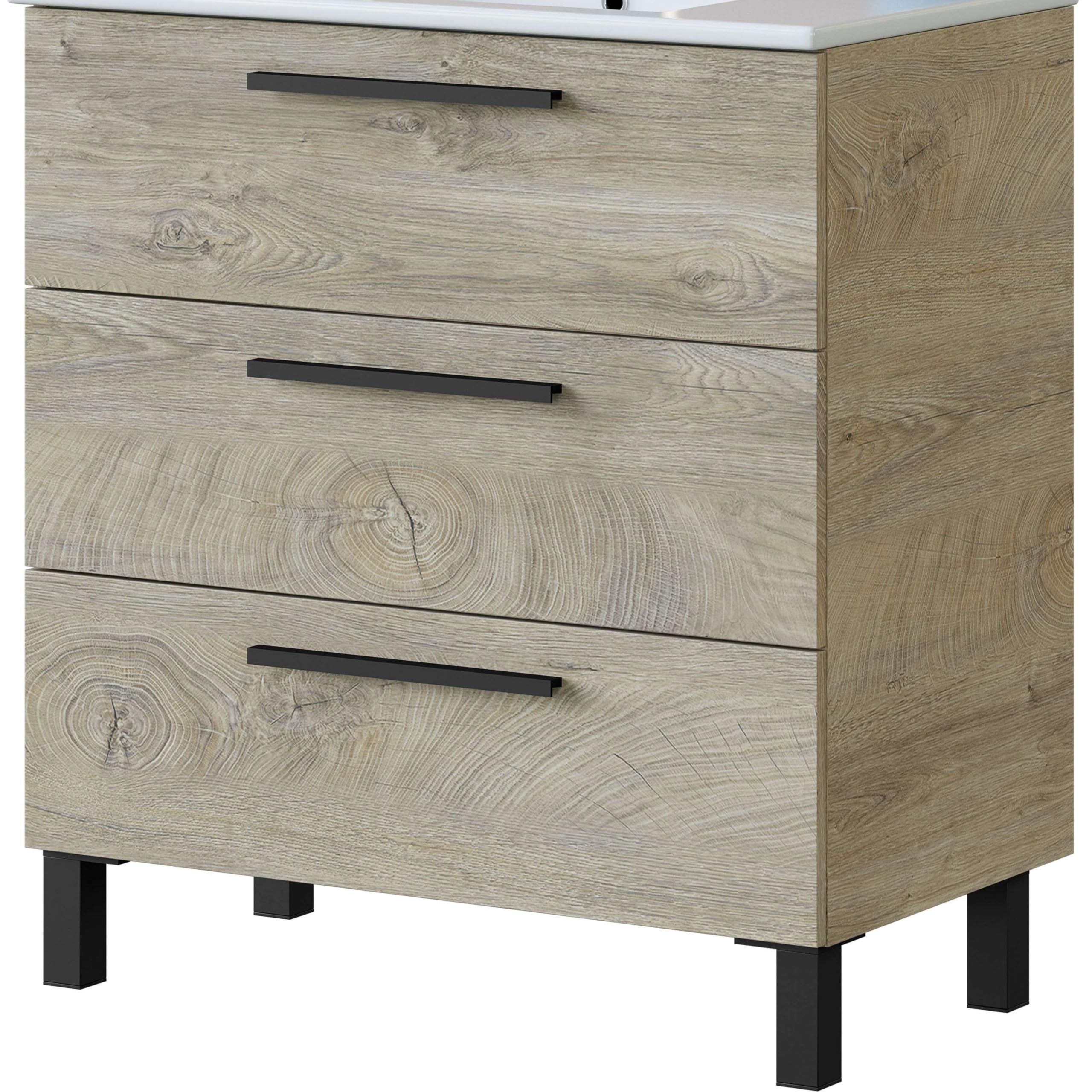 ARKITMOBEL Mueble de Baño Athena con 3 Cajones y Espejo, Módulo de Lavabo con Patas, Color Roble Alaska, Medidas: 80x86x45 cm (Lavabo No Incluido)