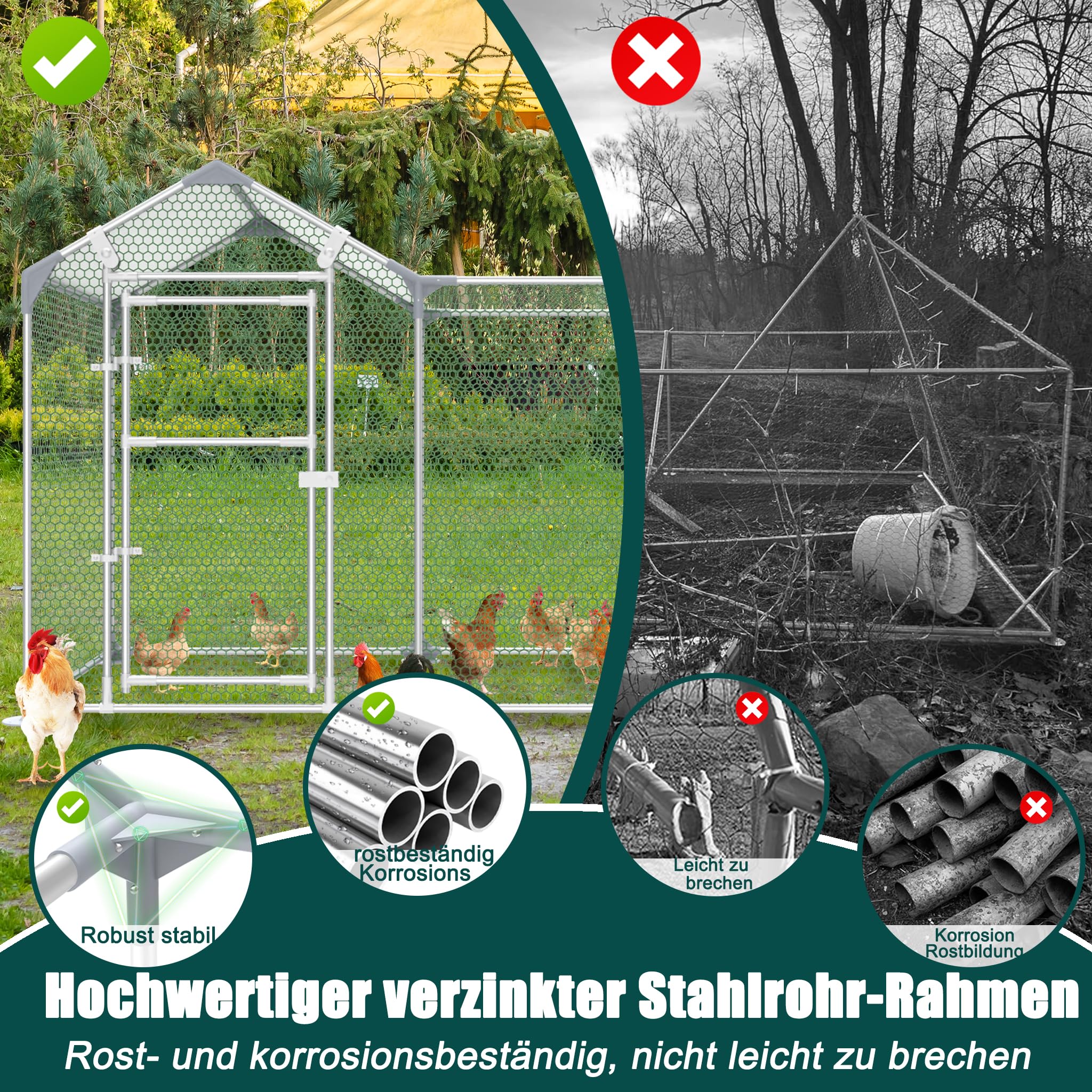 YRHome Freilaufgehege Hühnerstall 4x1x1,5m Freigehege Hühnerhaus Hühnergehege Voliere Hühner Gehege Hühner Geflügelstall Verzinkter Stahlrahmen mit PE
