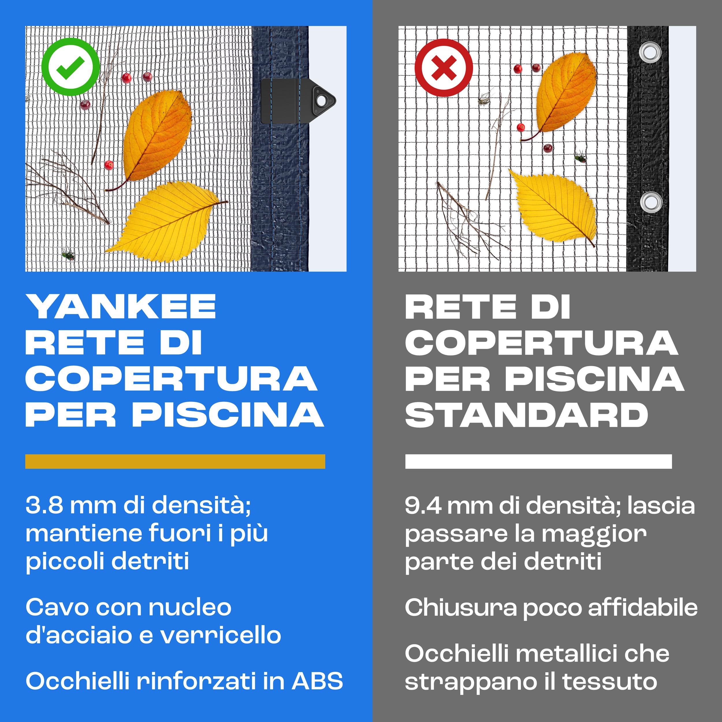 Yankee - Rete per foglie per piscina, rotonda, in rete, 0,4 cm, copertura per piscina fuori terra, previene foglie e detriti, rete resistente anti-intasamento (690-730 cm (Ø850cm))