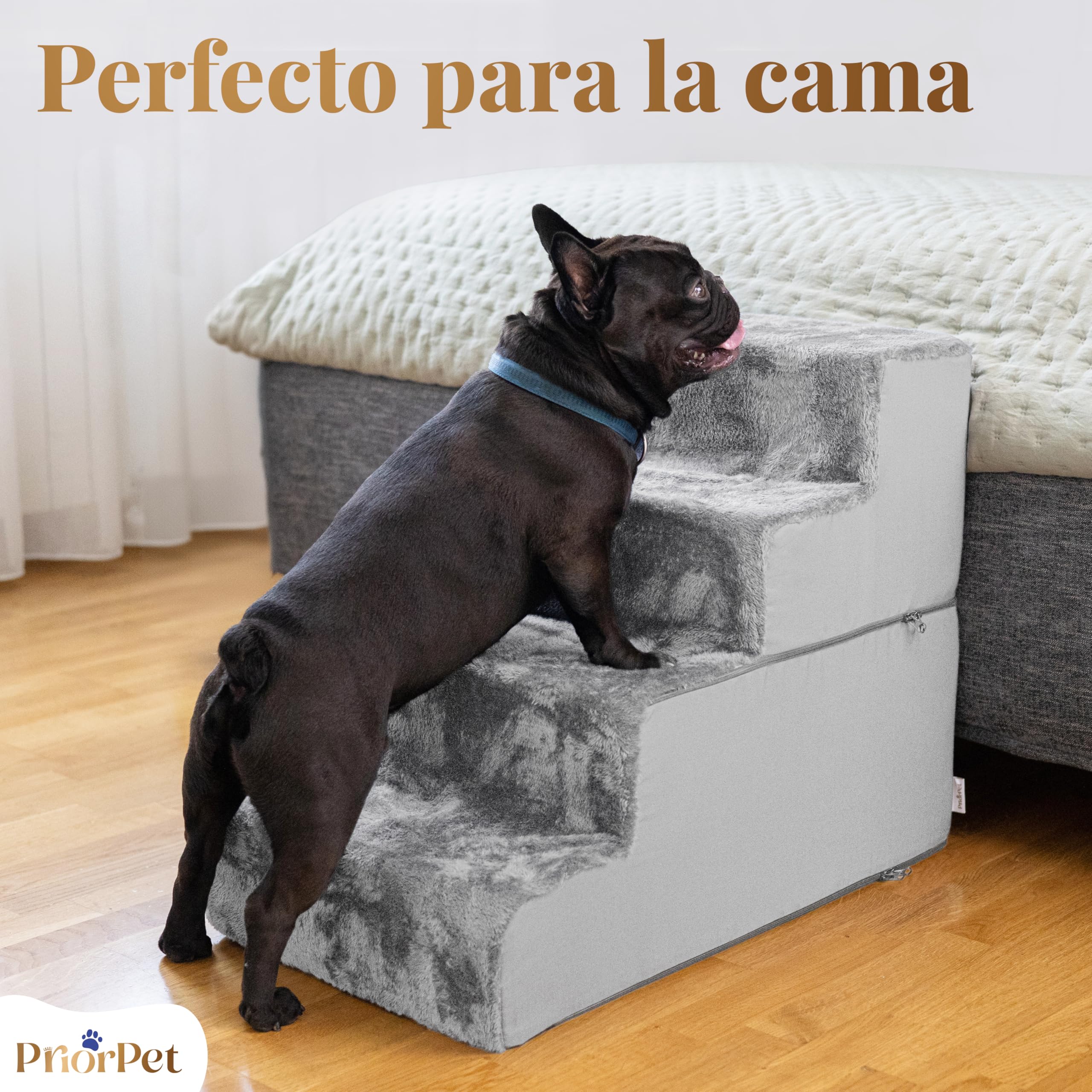 Escaleras Perros Subir a la Cama - Rampa para Perros de 4 peldaños - Escalera para Perros pequeños de Espuma de Alta Densidad de 58 cm - Base Antideslizante - Escalera para Mascotas - Gris Claro