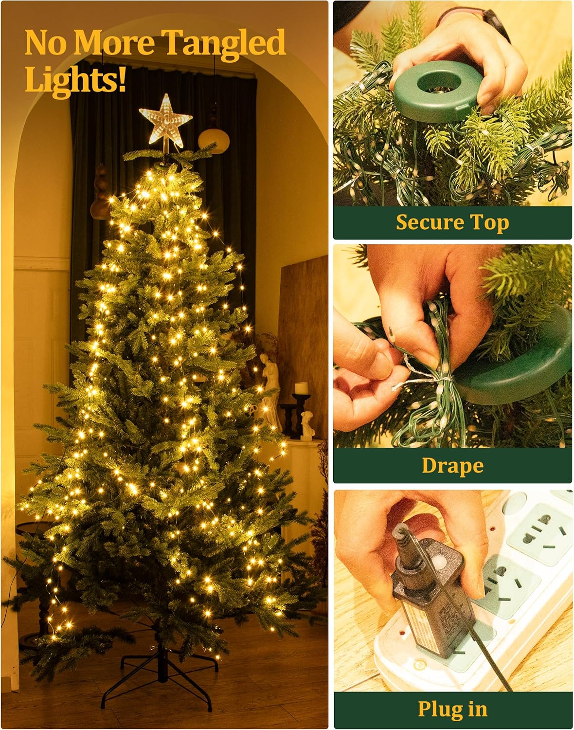 Christmas Tree Lights, 400 LED Christmas Lights with 8 Light Modes & Memory Function, 6.6FT x 16 Lines Outdoor Christmas Light with Timing Function for Christmas Decorations - Warm White
