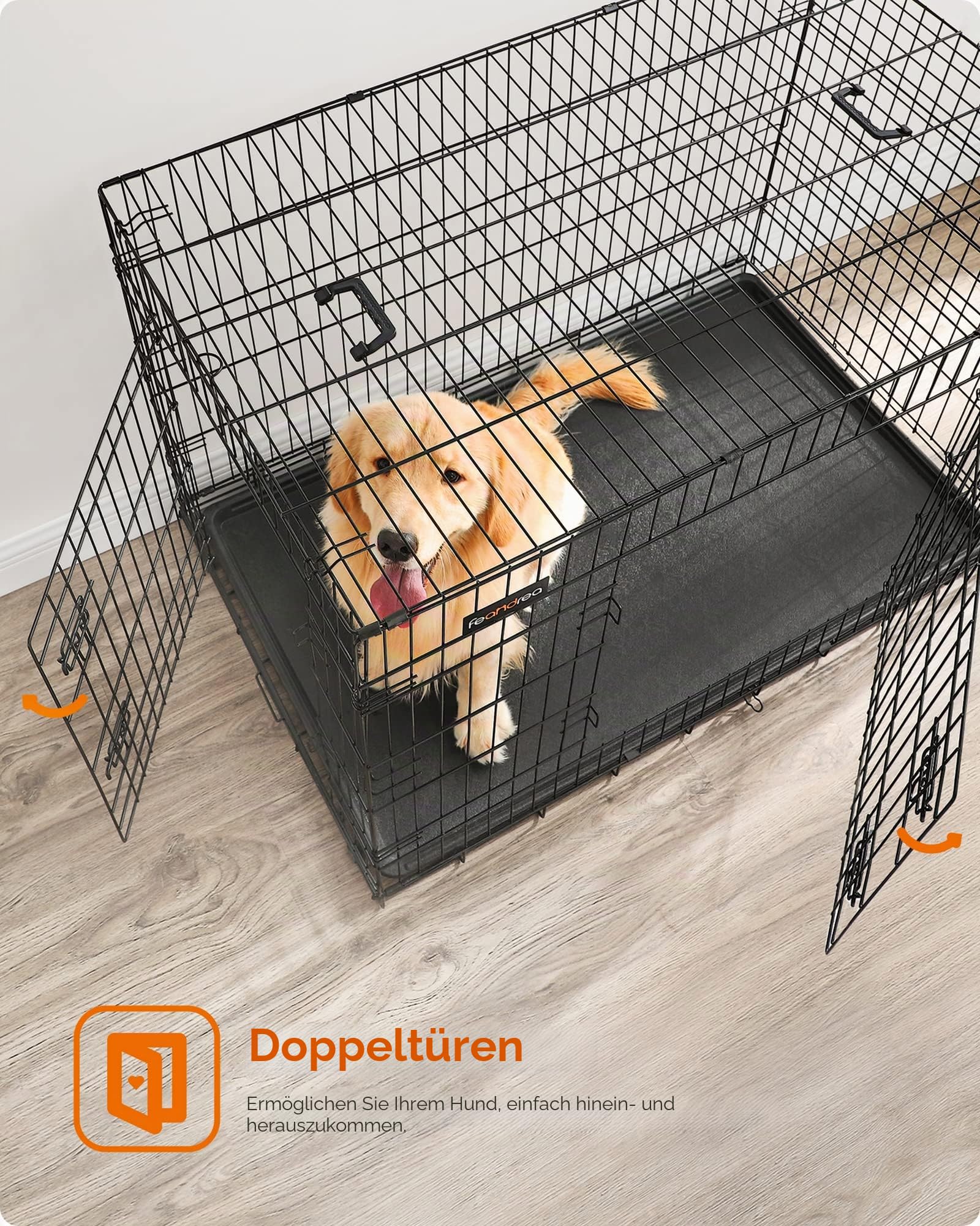 Feandrea Hundekäfig klappbar 2 Türen ausziehbare Kunststoffschale 122 x 74,5 x 80,5 cm XXL schwarz