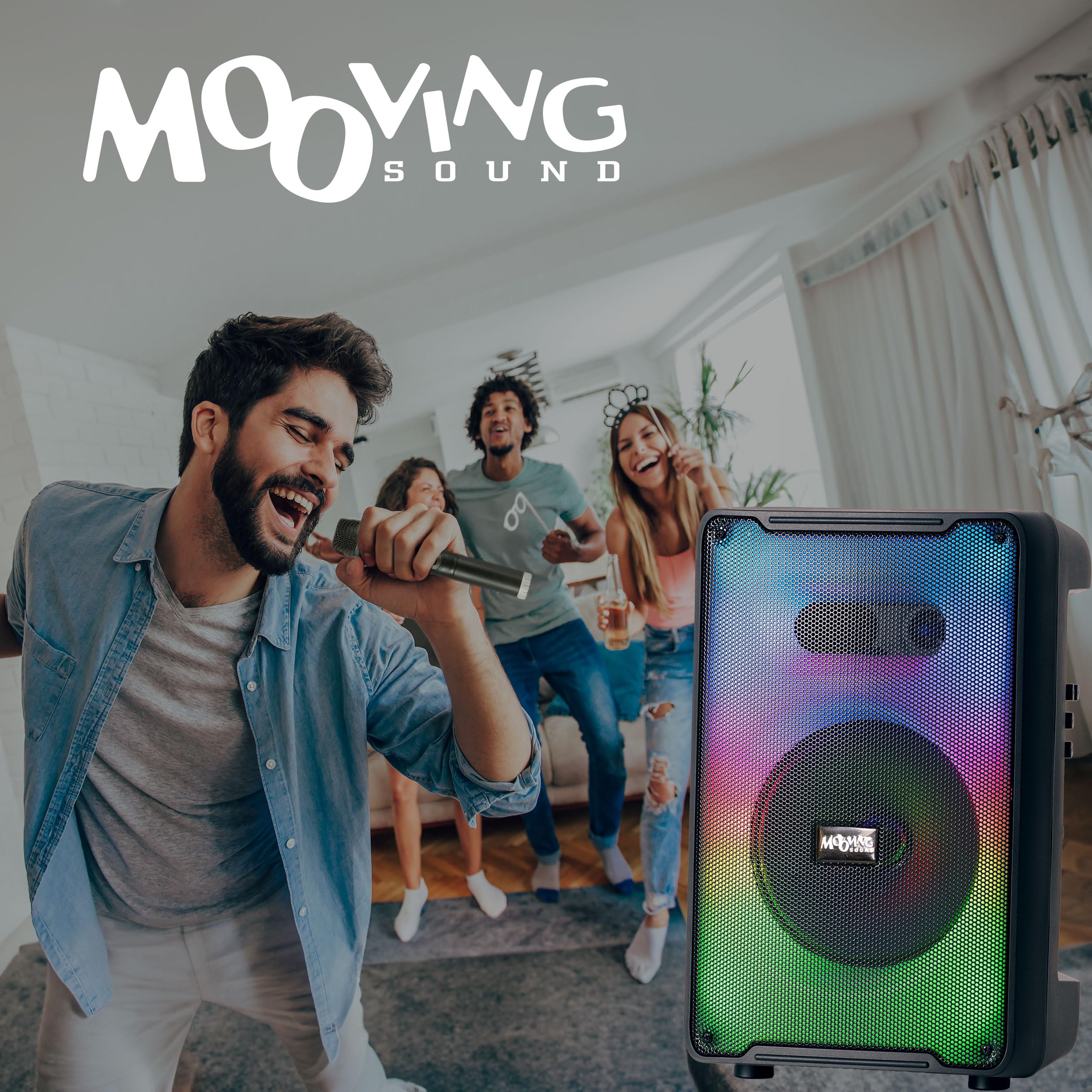 MS-KARA-MOOV500 - MOOVING SOUND - 8"/500W głośnik zasilany bateryjnie z efektem świetlnym na przednim panelu, 1 mikrofon bezprzewodowy i 1 mikrofon przewodowy - Czarny