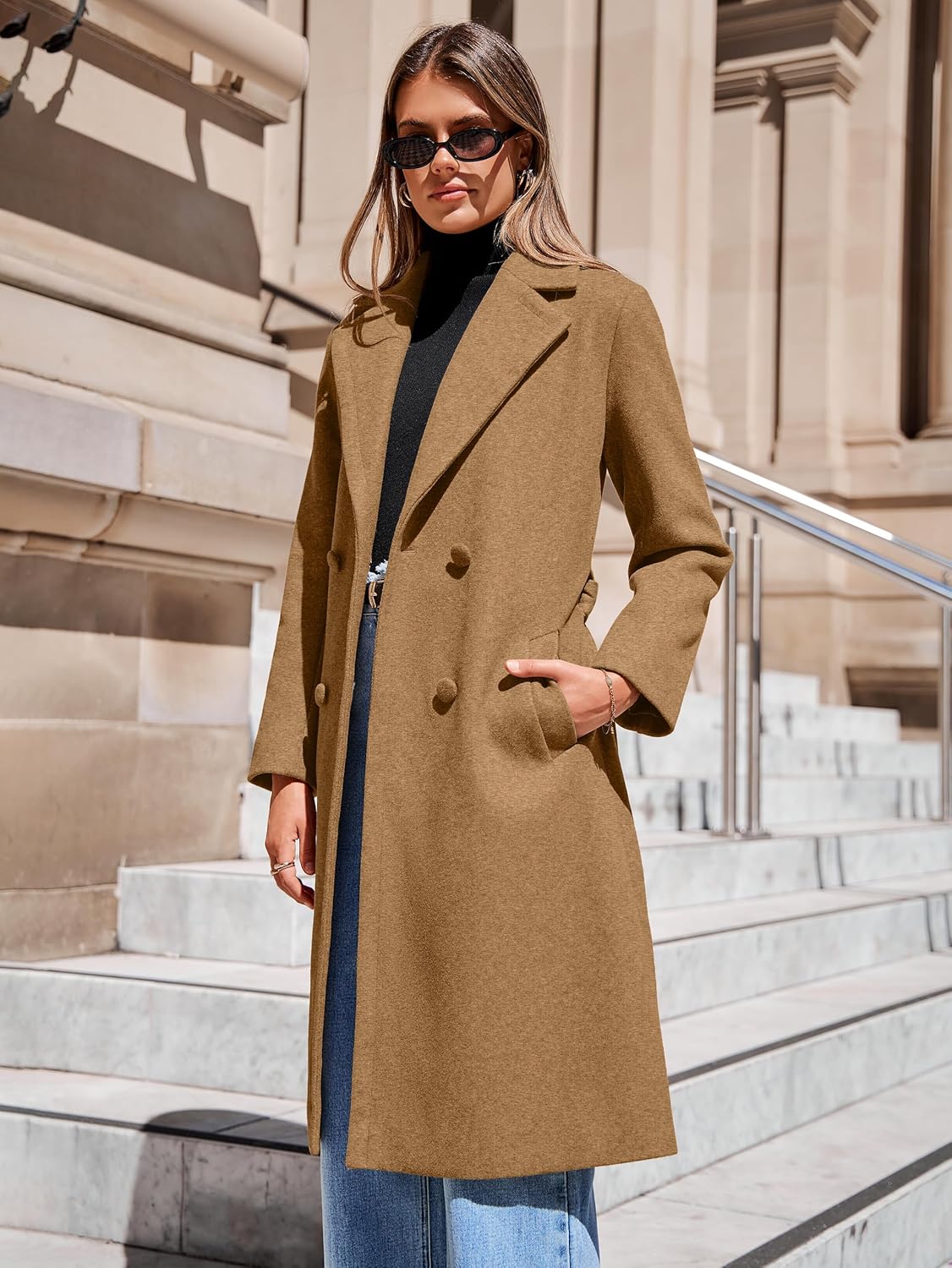 Simplee Women's Winter Lapel Collar Pea Coat Double Breasted Long Overcoat Trench PeaCoat With Belt - Image 4