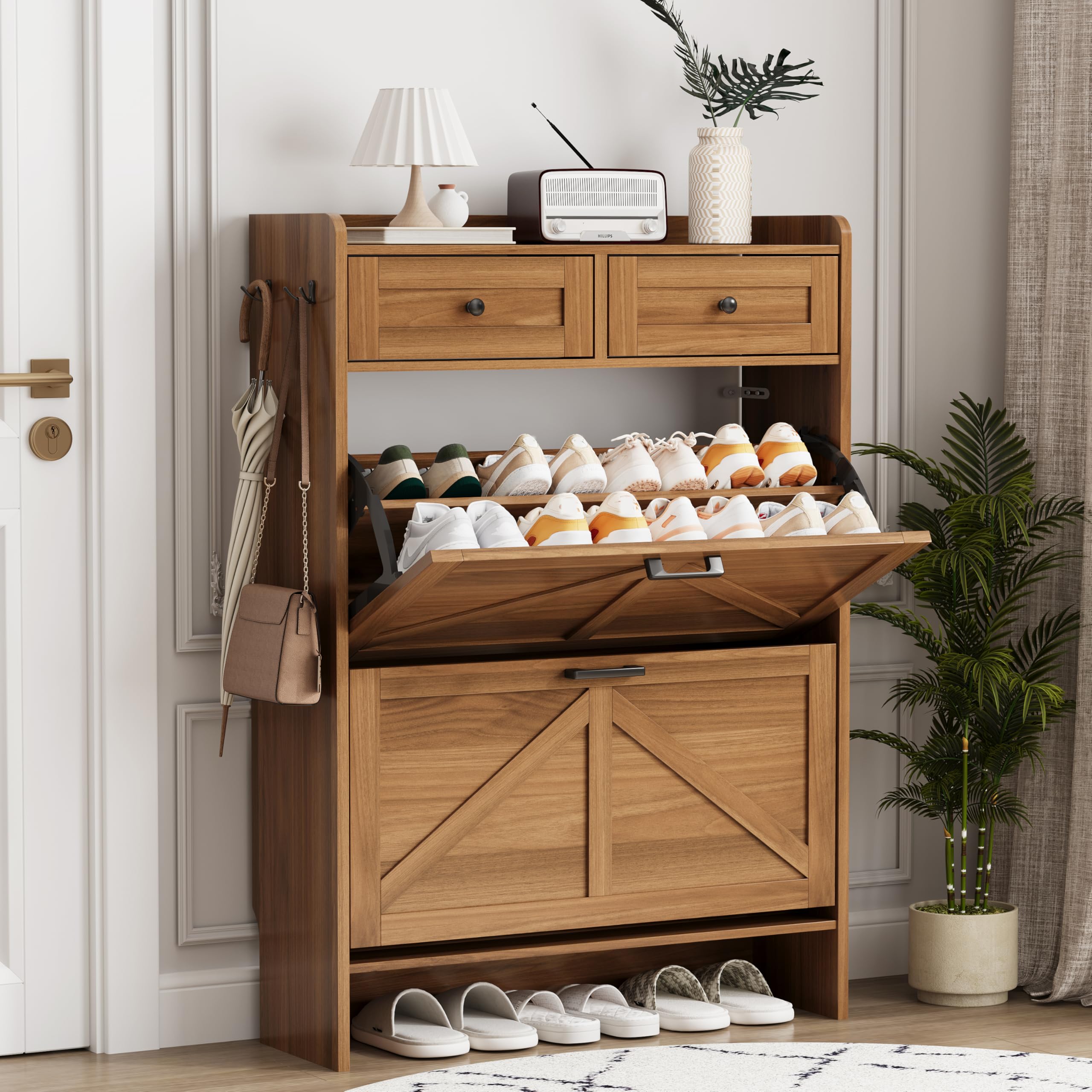 Shoe Cabinet with 2 Flip Drawers &amp; 2 Top Drawers, 43" Tall Freestanding Narrow Wooden Shoe Storage Organizer for Entryway, Hidden Slim Shoe Rack for Front Door Entrance, Hallway, Living Room, Walnut