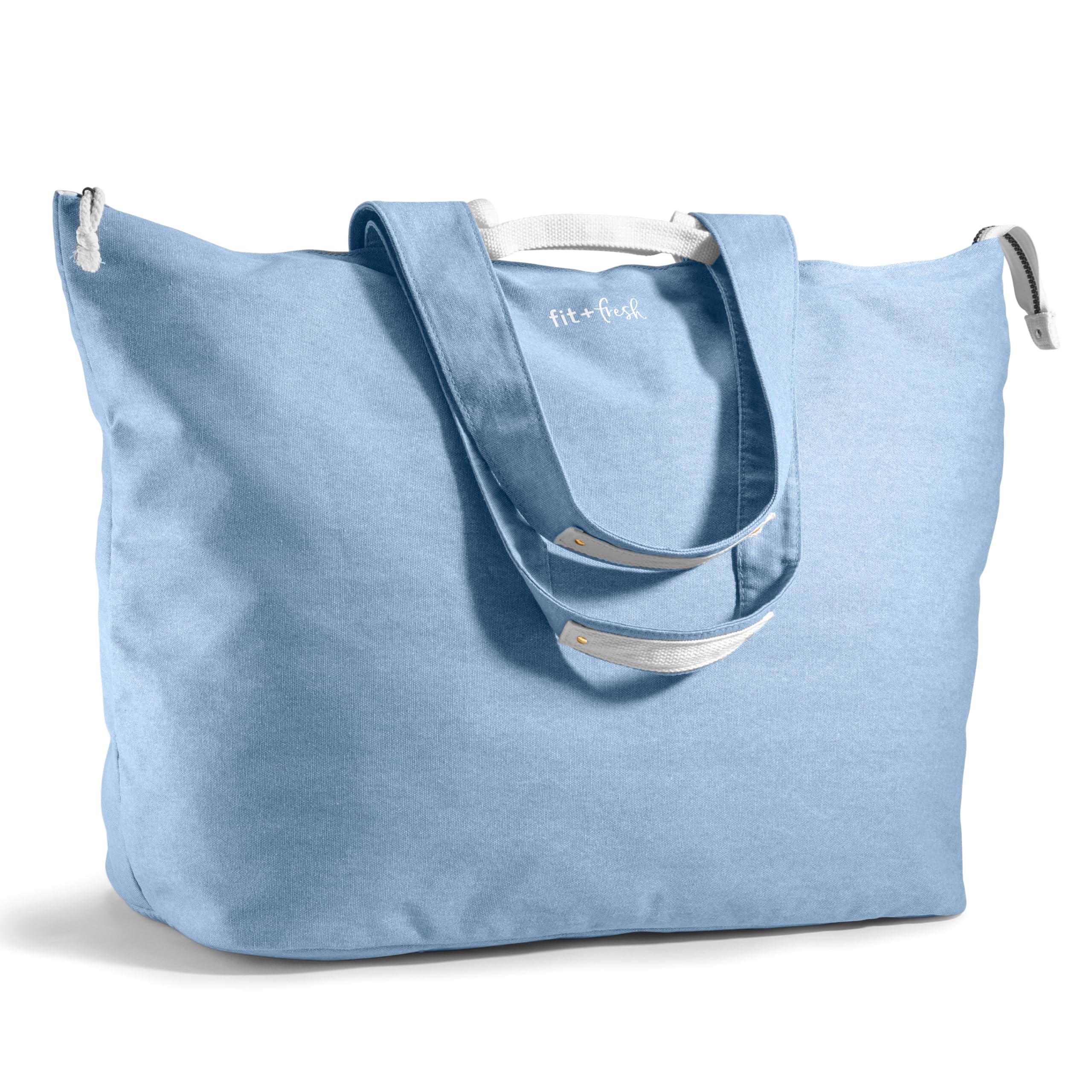 Fit & Fresh All The Things XL Beach Bag for Women, Oversized Travel Tote | Zip Closure, 3 Interior Pockets, 1 Large Zip Pocket, Dual Carry Handles, Canvas Weekender - Pool, College, Laundry, Groceries Denim Blue