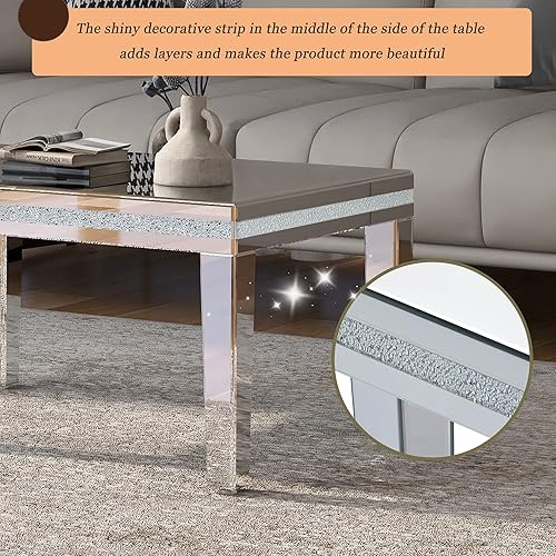 Miniatura 5 de Mesa de café contemporánea con espejo de vidrio de 35 pulgadas, mesa de cóctel de fácil montaje con diseño de cristal y patas de altura ajustable,