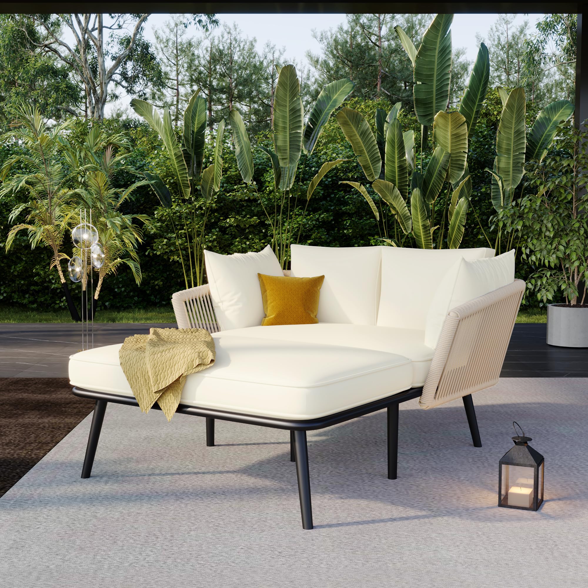 Merax Sonnenliege, Outdoor Gartenliege mit 2 Kissen und 2 Polster, Liegestuhl Garten mit abnehmbar und waschbar Kissen für Balkon Terrasse, Gartenlounge Set, Beige