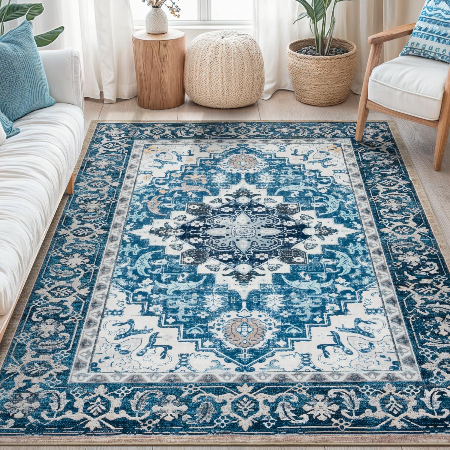 Terven Washable Vintage Area Rug Sky Blue Bedroom 200x300 Non Slip Low Pile